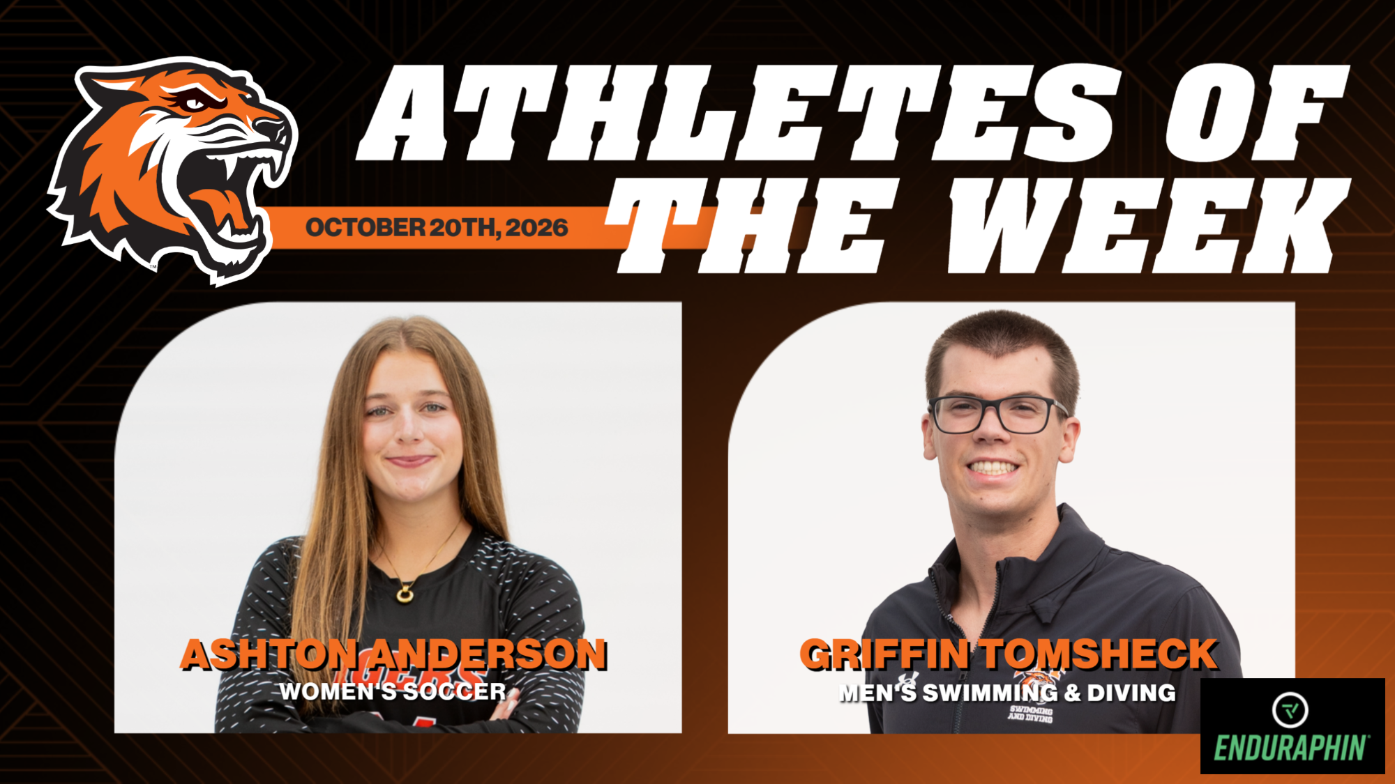 A graphic announcing RIT's Athlete's of the Week on Oct. 20, 2026 with posed shots of Anderson and Tomsheck