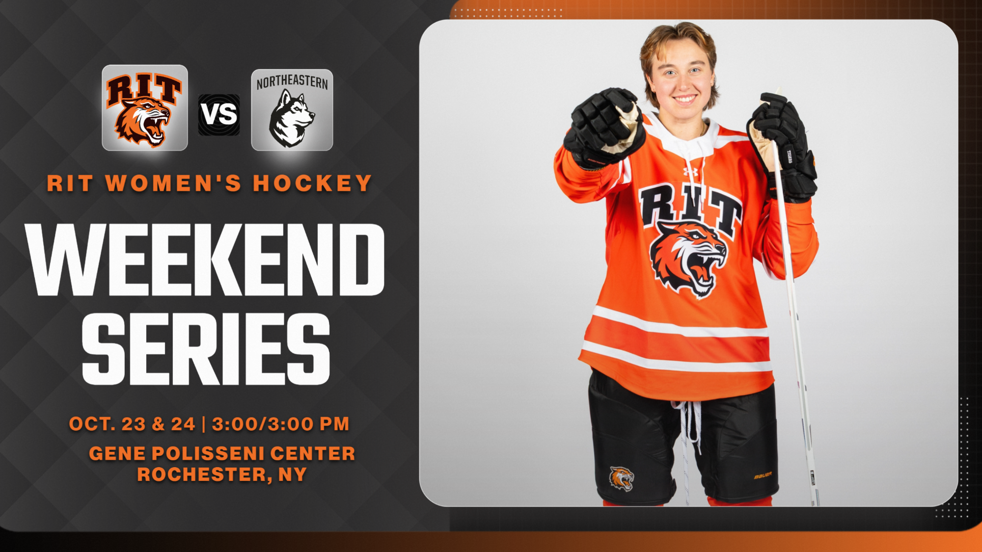 A graphic promoting women's hockey games vs Northeastern with a posed shot of Brac Kelley