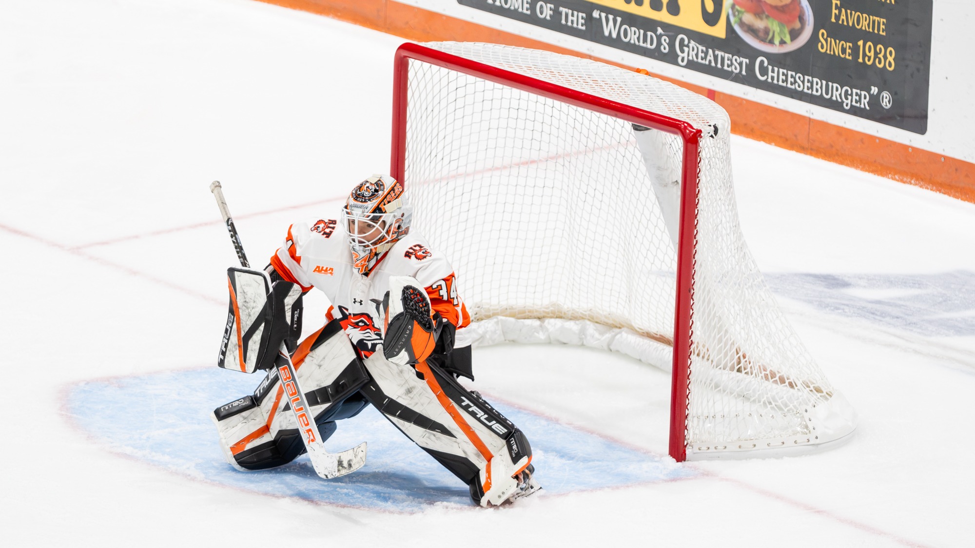 RIT's Oceanne Thiffault, #34, looks for the puck during game against Northeastern on Friday, Oct. 23, 2026, at Gene Polisseni Center. RIT Athletics / Elizabeth Robertson.