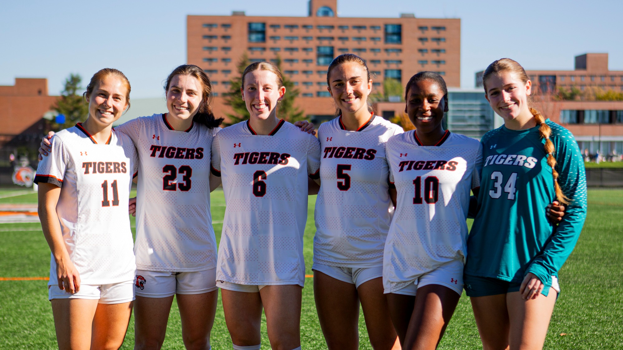 Six of the seniors together celebrating their senior night on Saturday, Oct. 24, 2026, at Thomas Fearey Judson Jr. Stadium. RIT Athletics / Ayden Acebo.