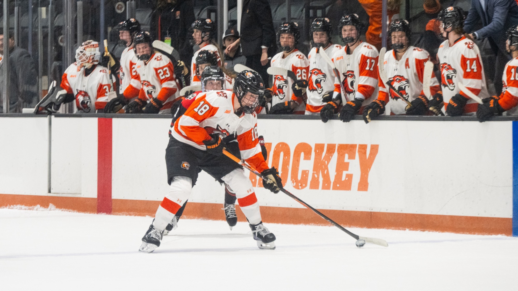 RIT's Brynn Evans, #18, takes a shot on goal on Saturday, Oct. 24, 2026, at Gene Polisseni Center. RIT Athletics / Autumn Bernava.