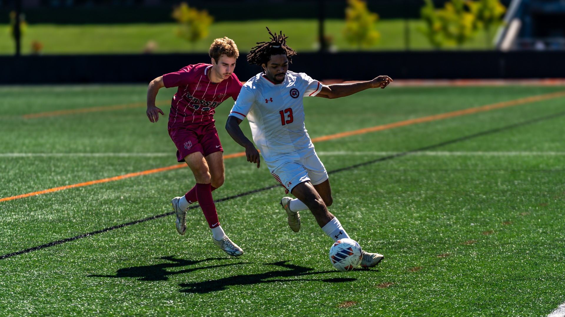 RIT's Sebastien Mott, #13, rushes past the defense with the ball on Saturday, Oct. 3, 2026, at Thomas Fearey Judson Jr. Stadium. RIT Athletics / Cole Quinones.
