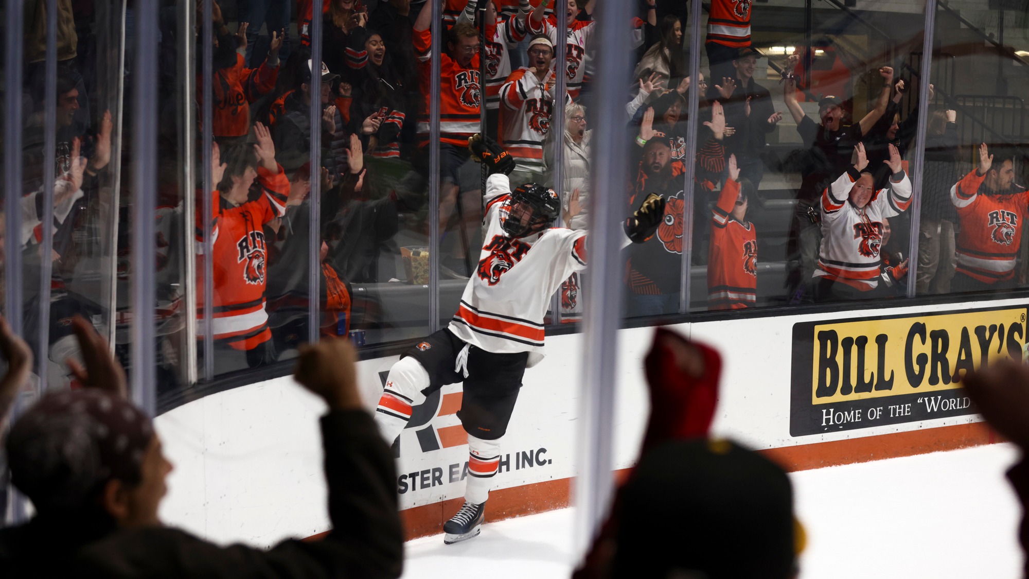 a men's hockey player celebrating a goal