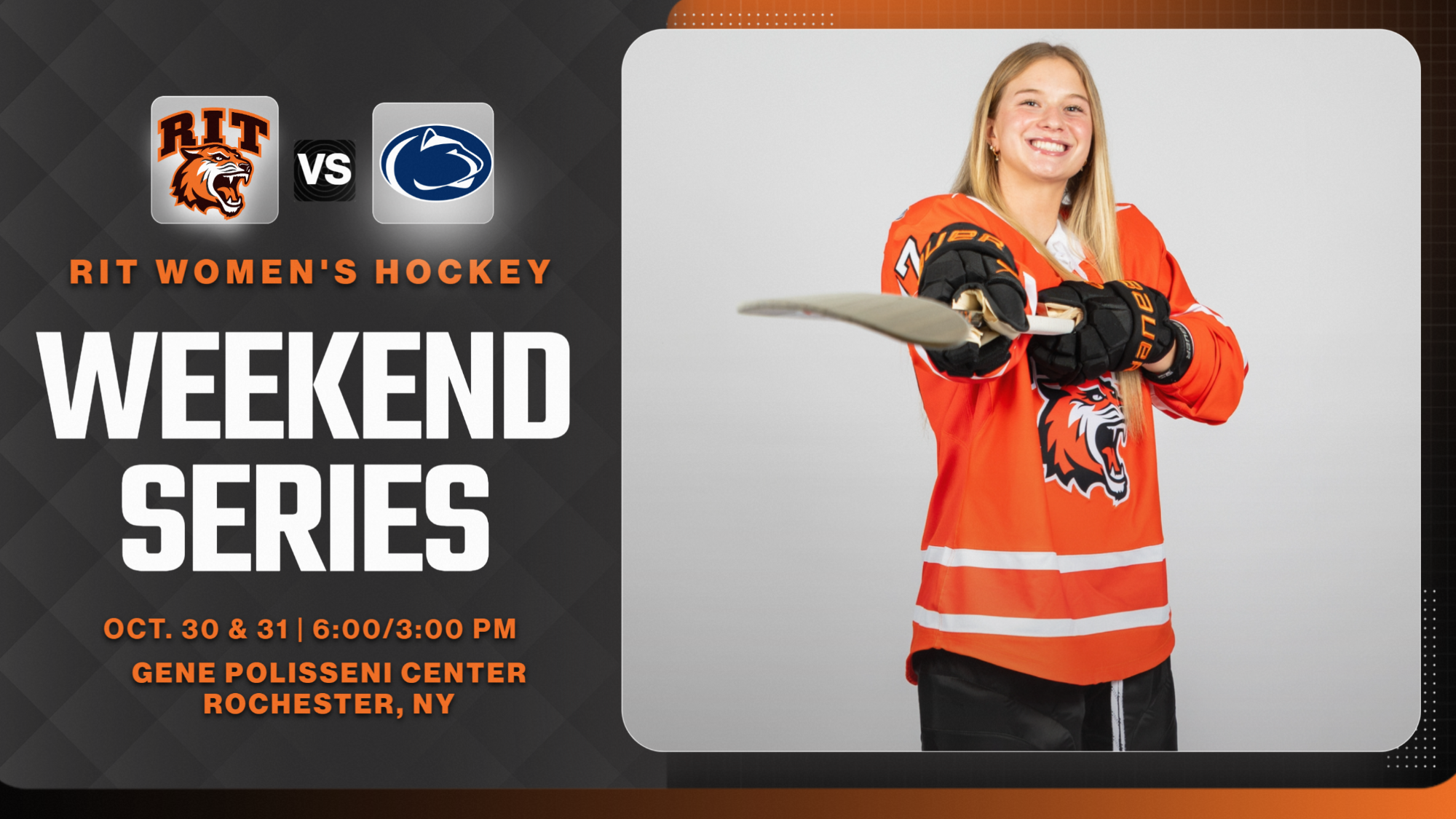 A graphic promoting the WHKY games against Penn State with a posed shot of Ireland Stein