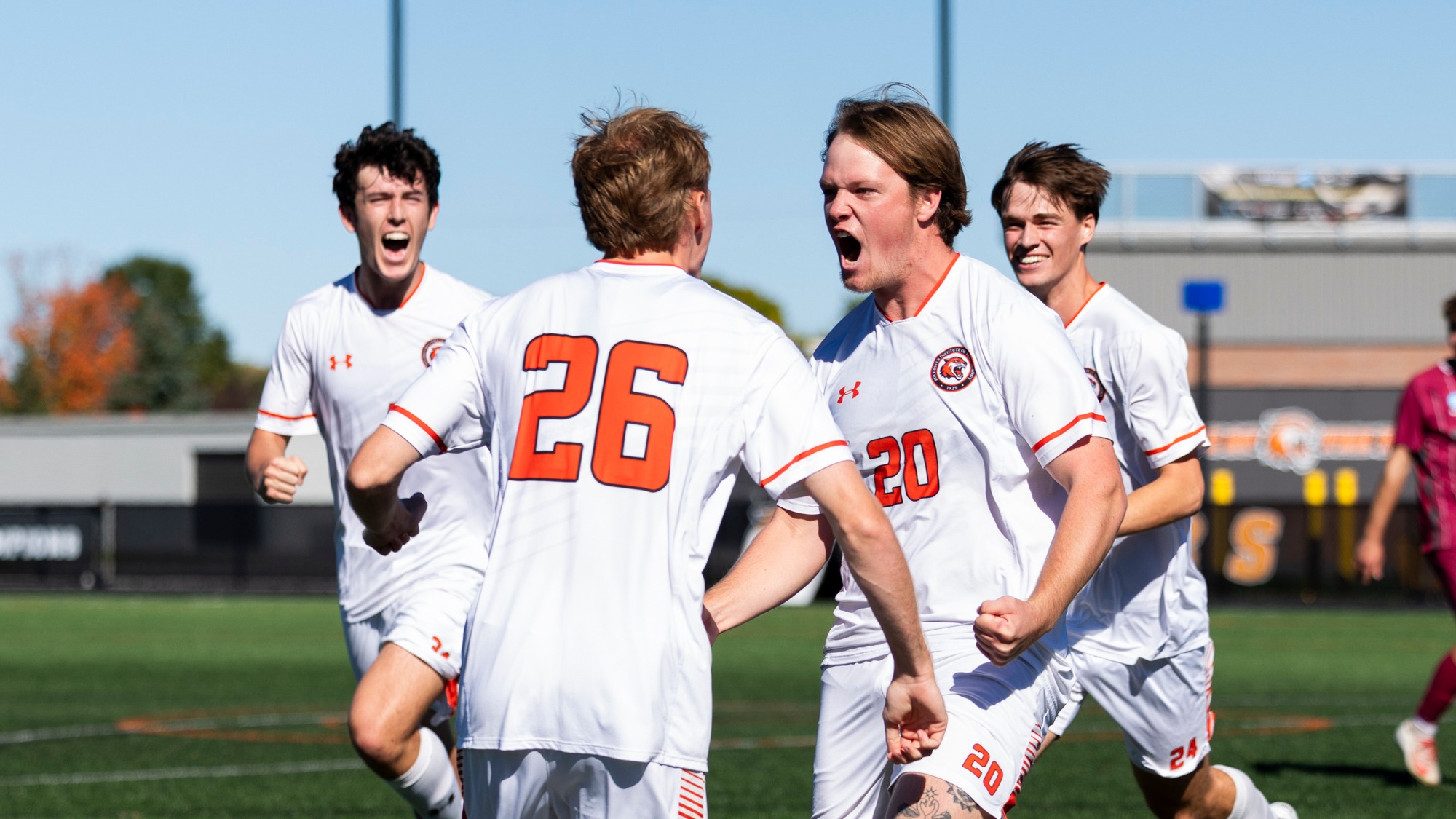 RIT's Tate Pottle, #20, celebrating with RIT's Micah Cornfield, #26, after his assist and goal on Saturday, Oct. 3, 2026, at Thomas Fearey Judson Jr. Stadium. RIT Athletics / Ayden Acebo.