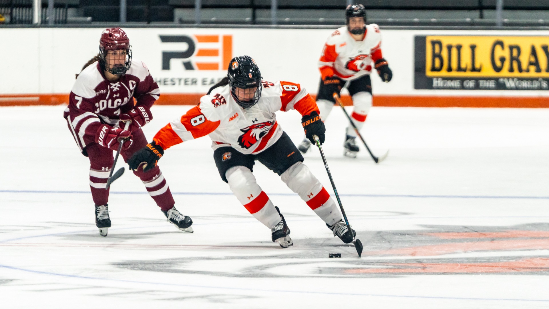 RIT's Kailey Favro, #8, takes the puck up the ice during a fast break during 2nd period on Friday, Oct. 2, 2026, at Gene Polisseni Center. RIT Athletics / Cole Quinones.