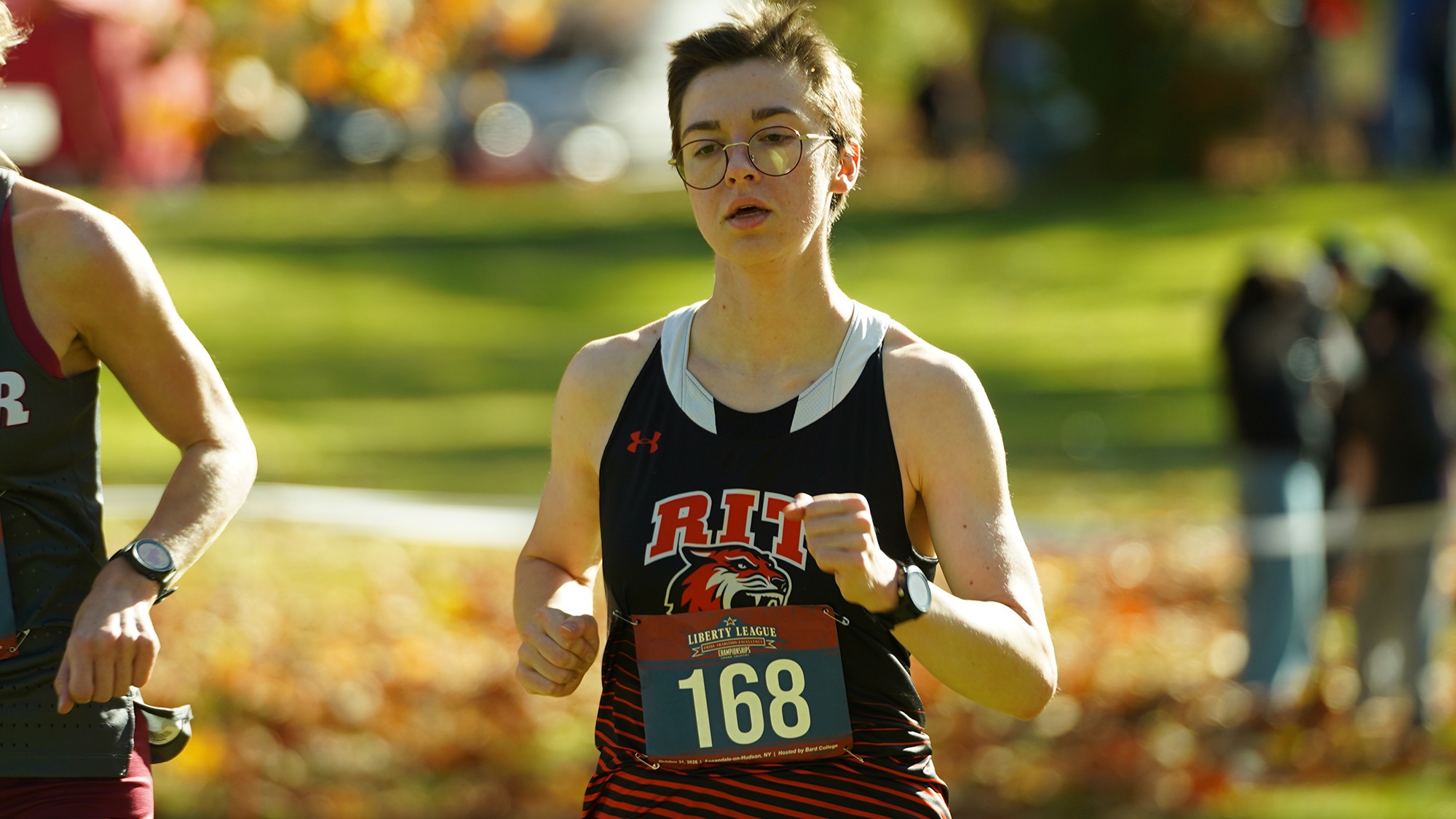 An RIT women's cross country runner competes in the Liberty League Championships at Bard College on Saturday, October 31, 2026