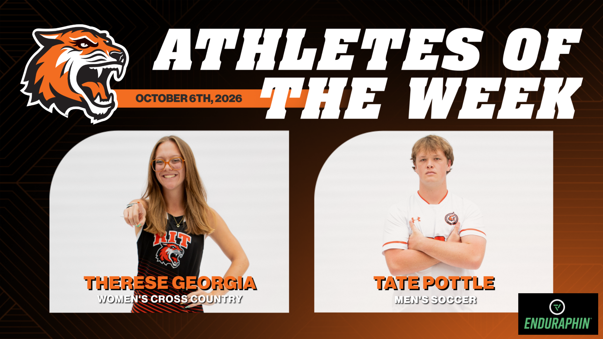 A graphic announcing RIT AOTW for Oct. 6 with posed shots of Therese Georgia and Tate Pottle