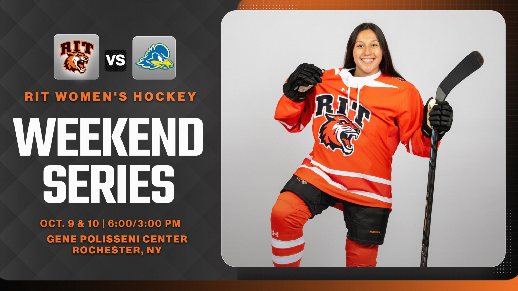 A graphic promoting the WHKY games against Delaware with a posed photo of Kailey Favro