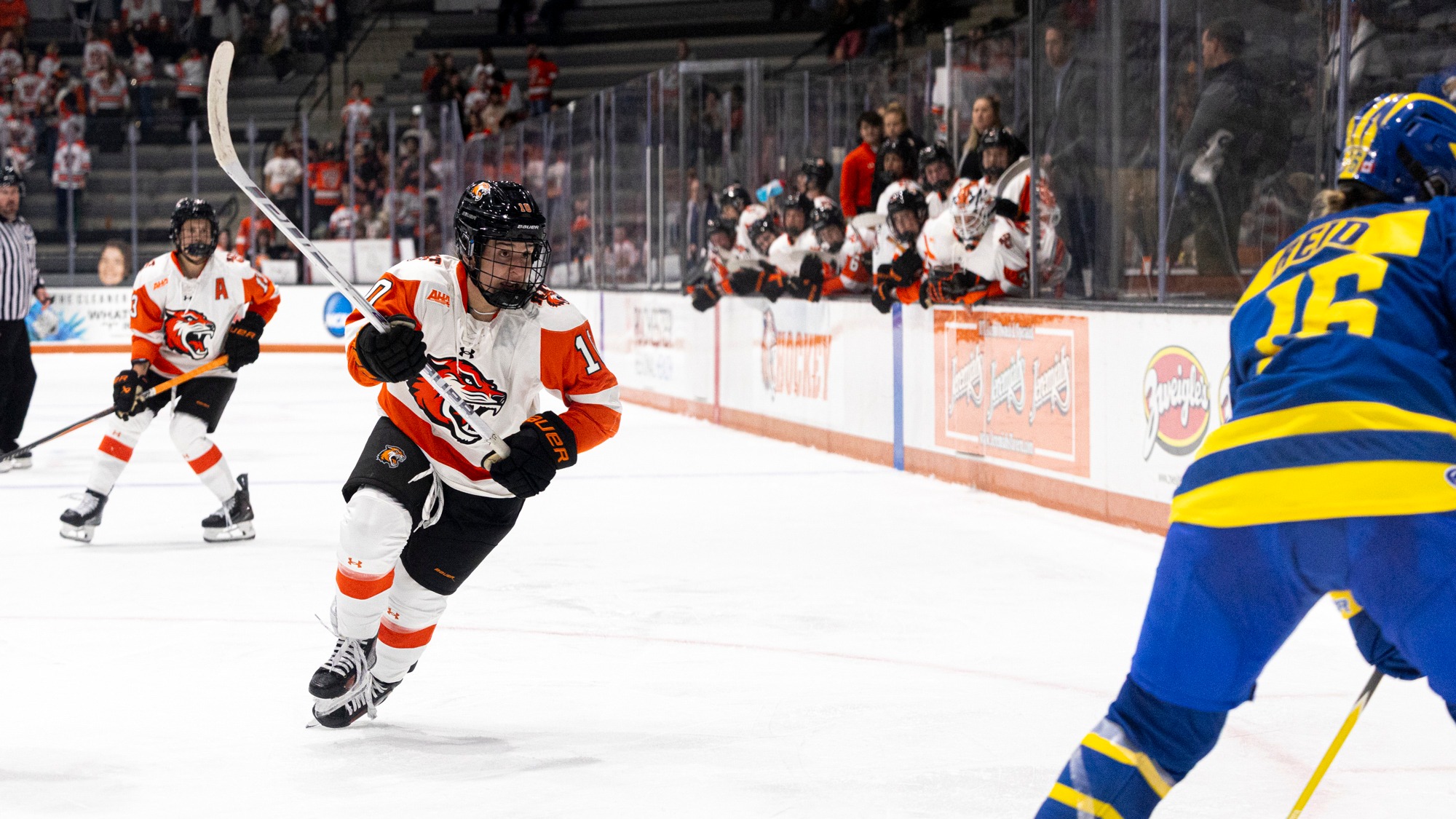 RIT's Zoe Ziotas, #10, advancing towards opponent on Friday, Oct. 9, 2026, at Gene Polisseni Center. RIT Athletics / Ayden Acebo.