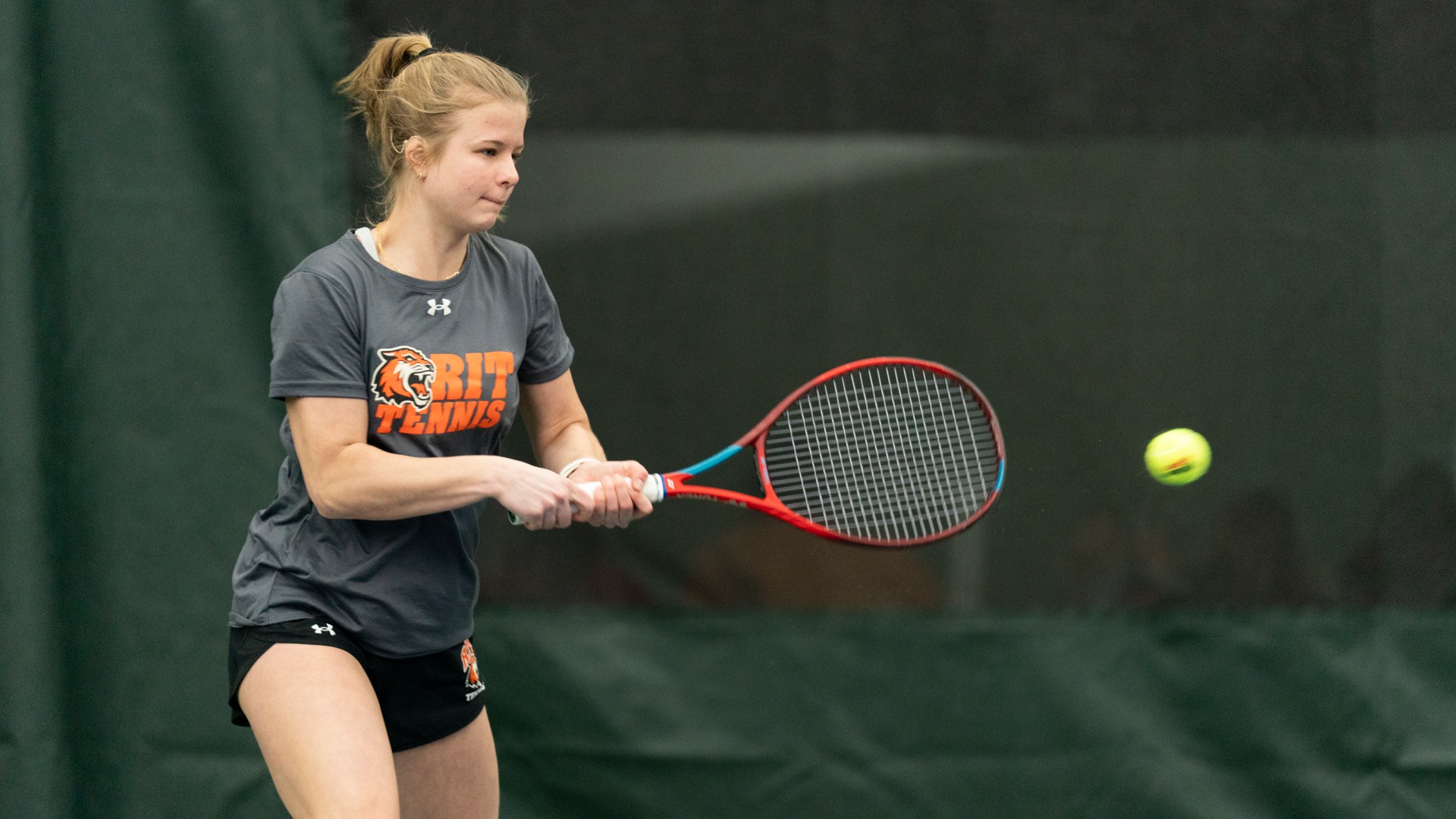 RIT’s, Emily Greb hits a ball on February 8th, 2026, at Midtown Athletics Club  in Henrietta, New York. RIT Women’s Tennis plays Oneonta. (Colin Norland/RIT Sports Network).
