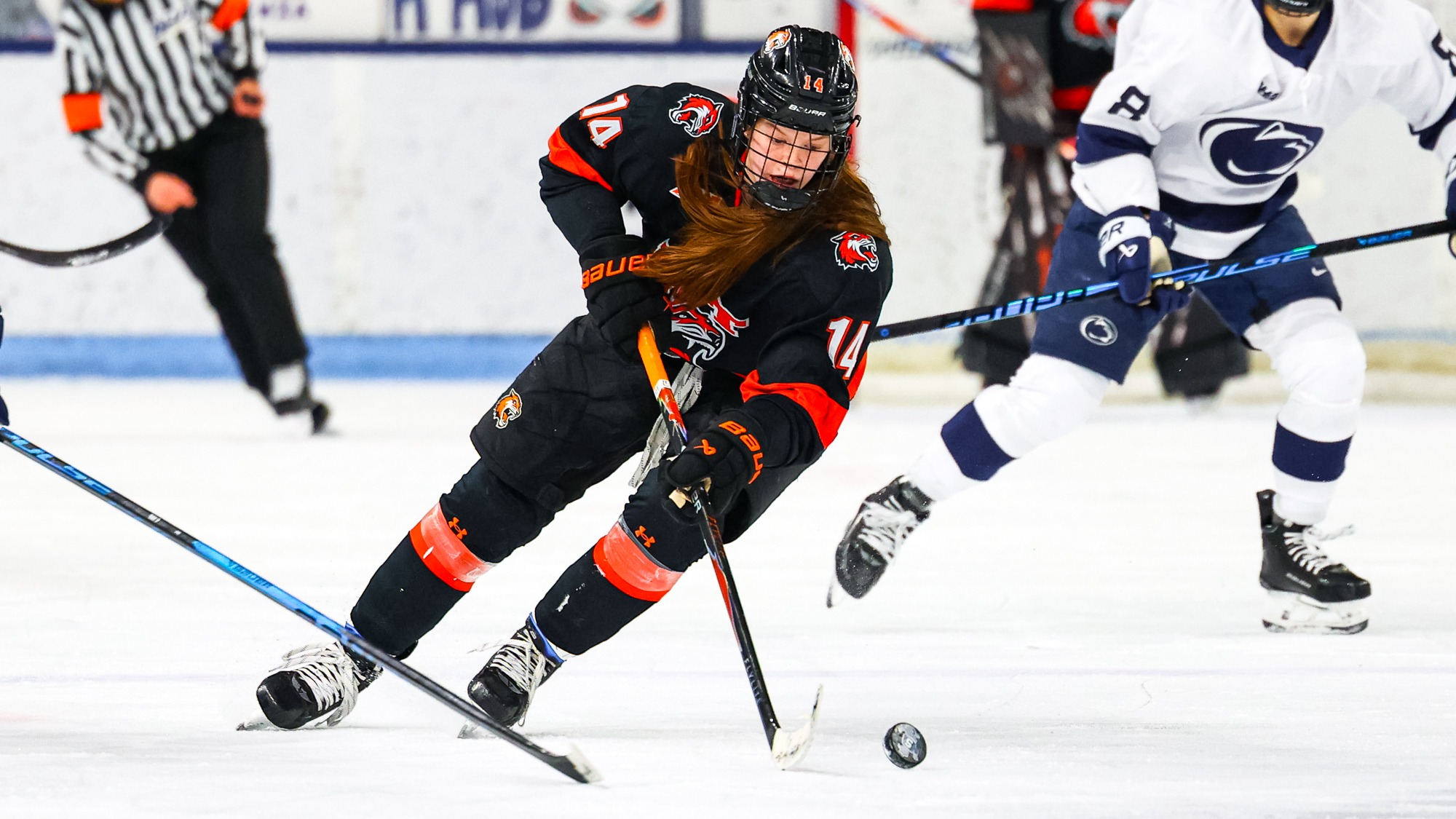 RIT's Cassie Barnes, #14, in game vs Penn State on Friday, Feb. 13, 2026, at Pegula Ice Arena. RIT Women's Hockey game at Penn State University. (Mikaela Engstrom/RIT Sports Network).