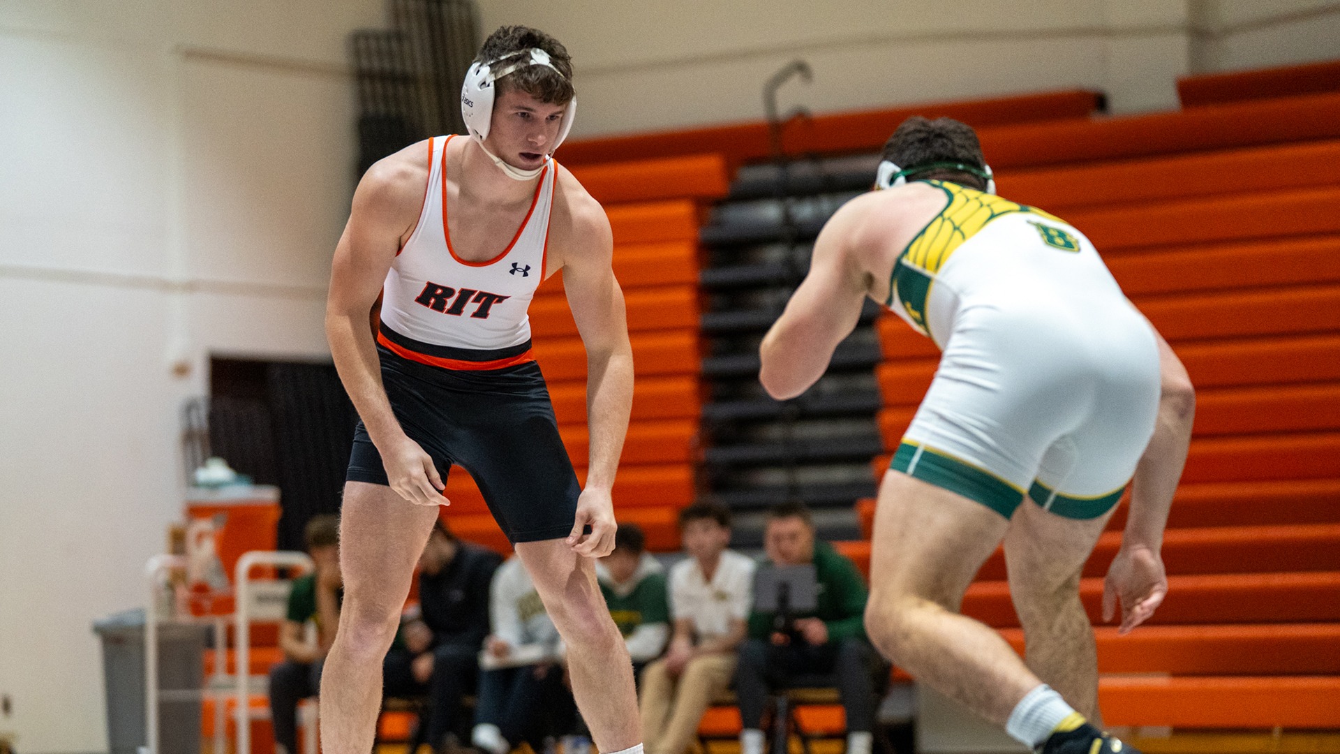 The RIT wrestling team faces off against Brockport on Friday, Nov. 7, 2025, at the George H. Clark Gymnasium. RIT Wrestling Match vs. Brockport. (Natasha Kaiser/RIT Sports Network).