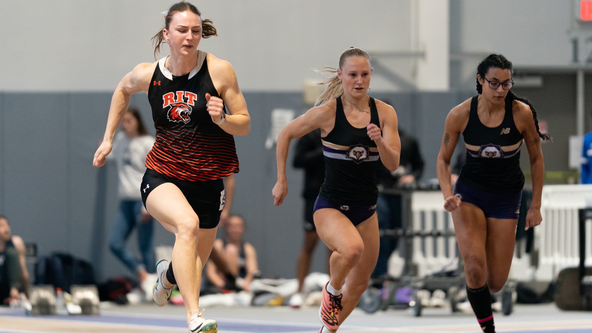 A member of RIT Women’s Track and Field team sprints down the track on February 14th, 2026, at the Golisano Training Center in Pittsford, New York. RIT Track and Field competes at the D3 Elite Invite hosted by Nazareth University.