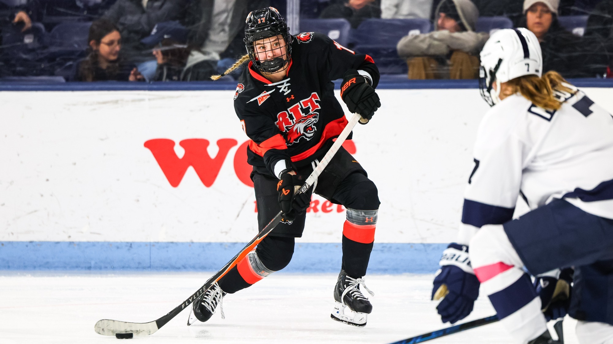 RIT's Ireland Stein, #17, in game vs Penn State on Saturday, Feb. 14, 2026, at Pegula Ice Arena. RIT Women's Hockey game at Penn State University. (Mikaela Engstrom/RIT Sports Network).