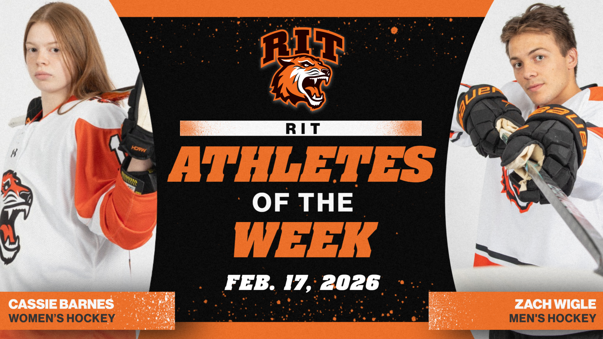 A graphic announcing RIT's Athletes of the Week with posed shots of Cassie Barnes and Zach Wigle