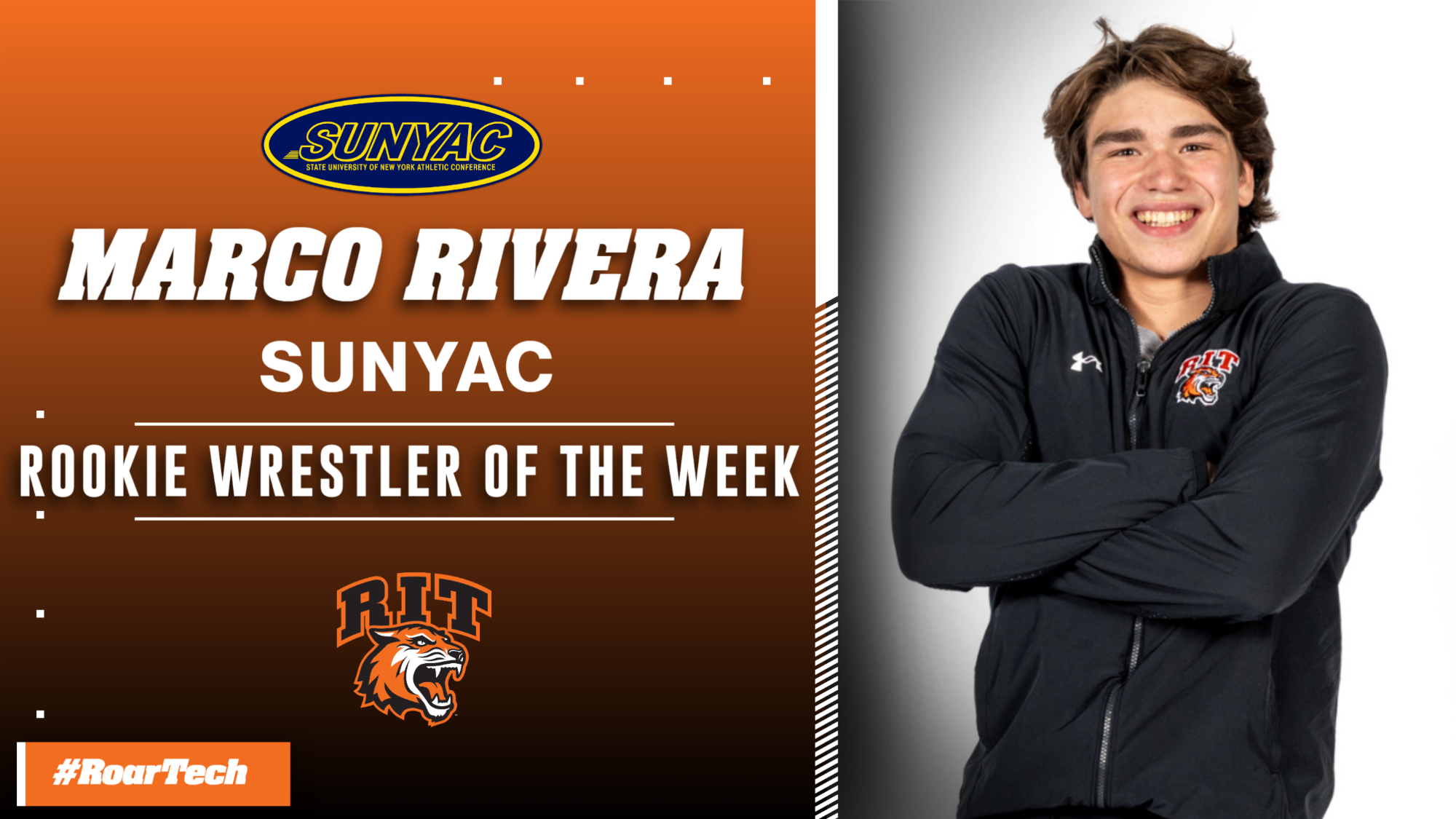 A graphic announcing the SUNYAC Rookie of the Week with a posed shot of Marco Rivera
