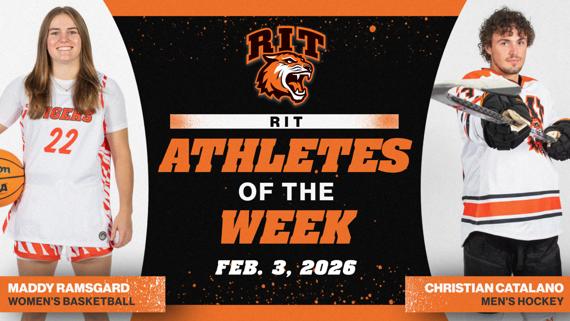 A graphic announcing RIT Athletes of the Week for Feb. 3 with posed shots of Maddy Ramsgard and Christian Catalano