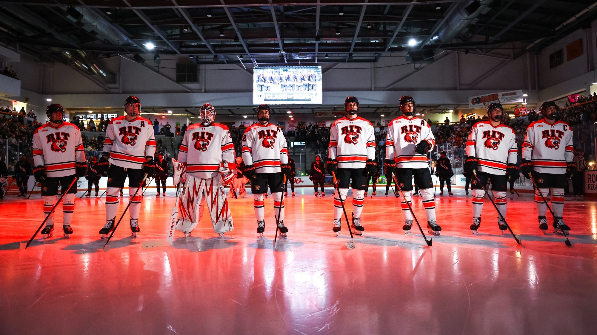 a picture of the eight seniors being introduced before the game