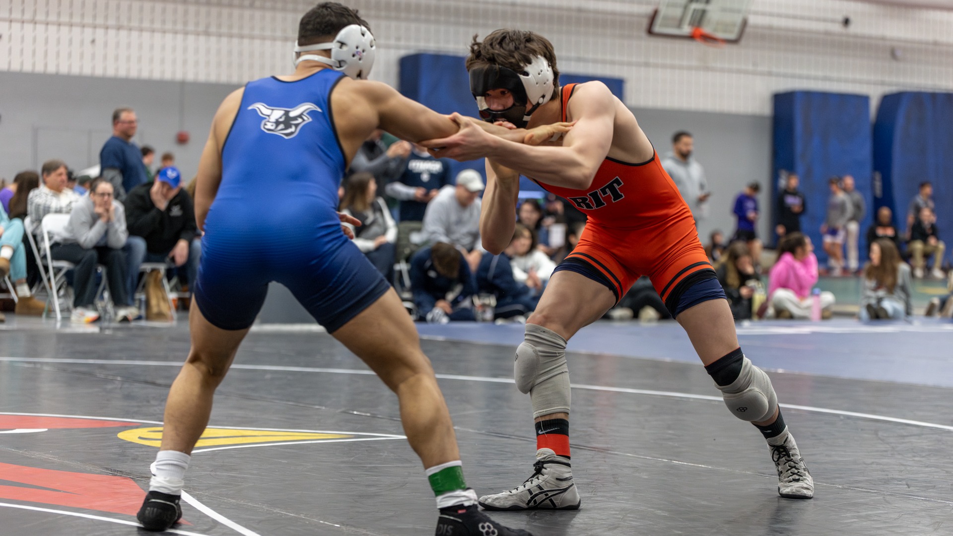 RIT’s Marco Rivera grabs their opponent and takes them down on Friday, Feb. 20, 2026, at Ralph C. Wilson Jr. Athletics Center. RIT Wrestling at the Pellicano Invitational. (Sophia Buonpane/RIT Sports Network)