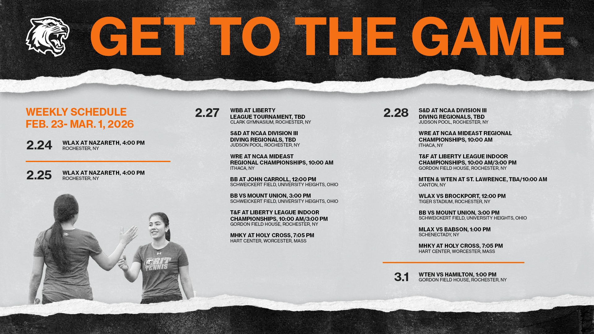 RIT athletics schedule for the week of February 23 through March 1, 2026