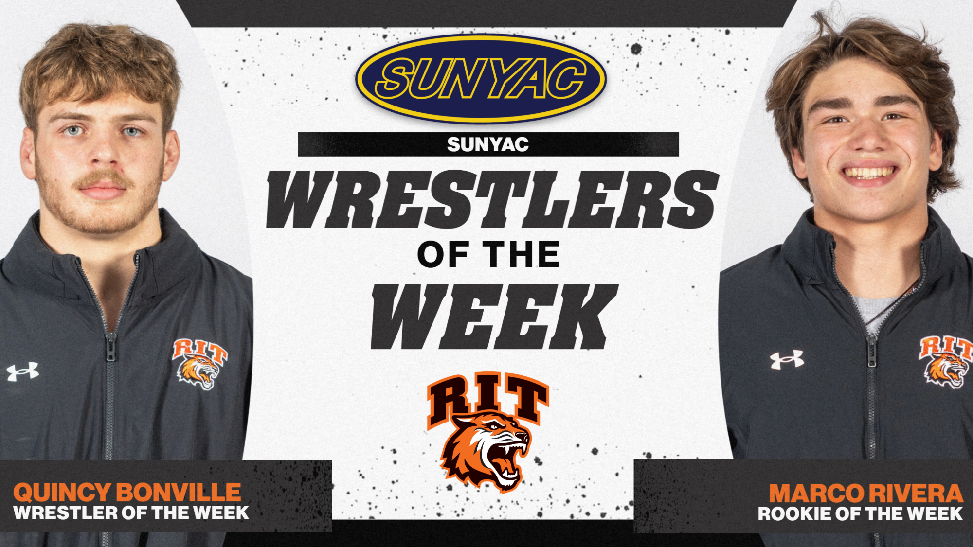 A graphic announcing the SUNYAC Wrestlers of the Week for Feb. 23