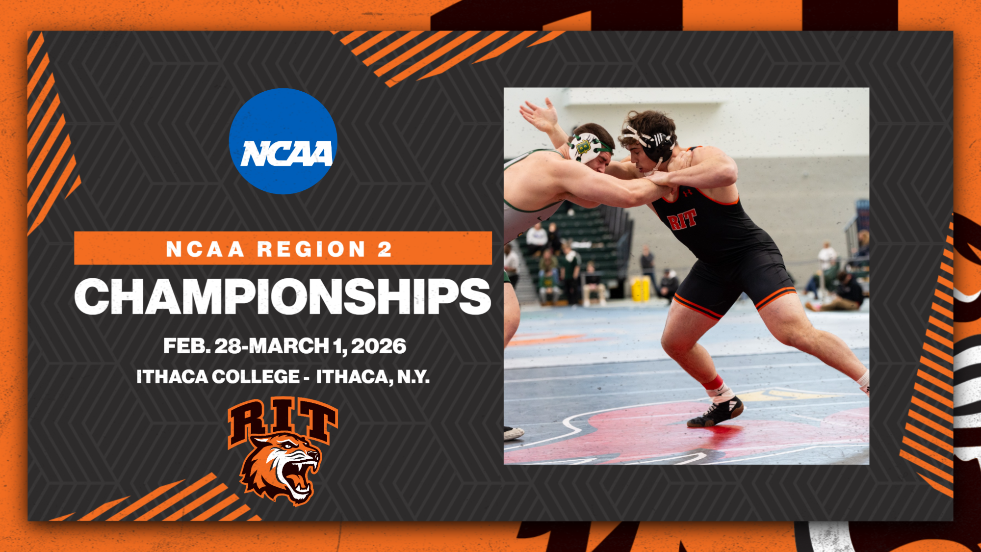 A graphic promoting the NCAA Wrestling Regional Championships with an action shot of Josh Harkless