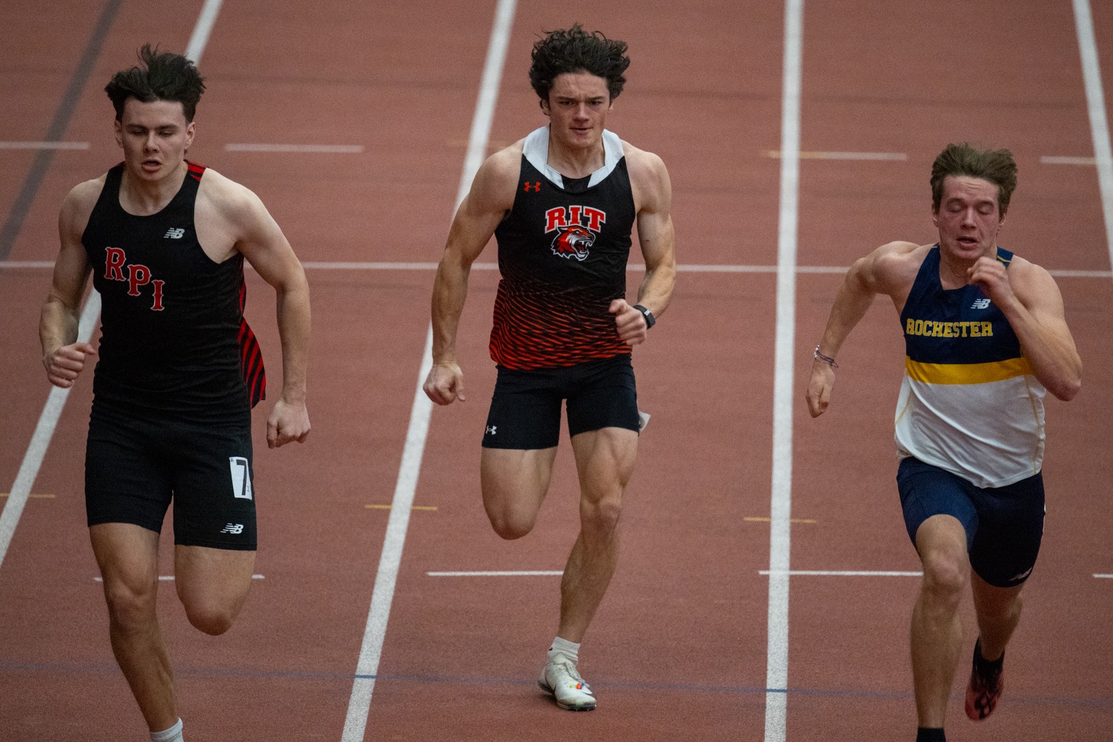 RIT’s Dominic Davis runs the Mens Heptathlon 60m dash as the first event of the day on Friday, February 27th, 2026 at the Gordon Fieldhouse, RIT Track and Field hosts Liberty League championships (Autumn Bernava/RIT Athletics)