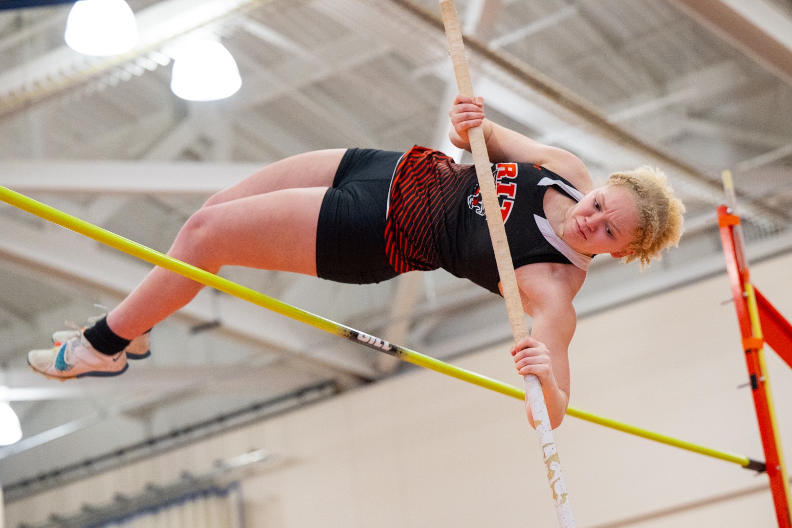 RIT’s Alyssa Kelleher clears a bar as part of the women’s Pole Vault competition on Friday, February 27th, 2026 at the Gordon Fieldhouse, RIT Track and Field hosts Liberty League championships (Autumn Bernava/RIT Athletics)