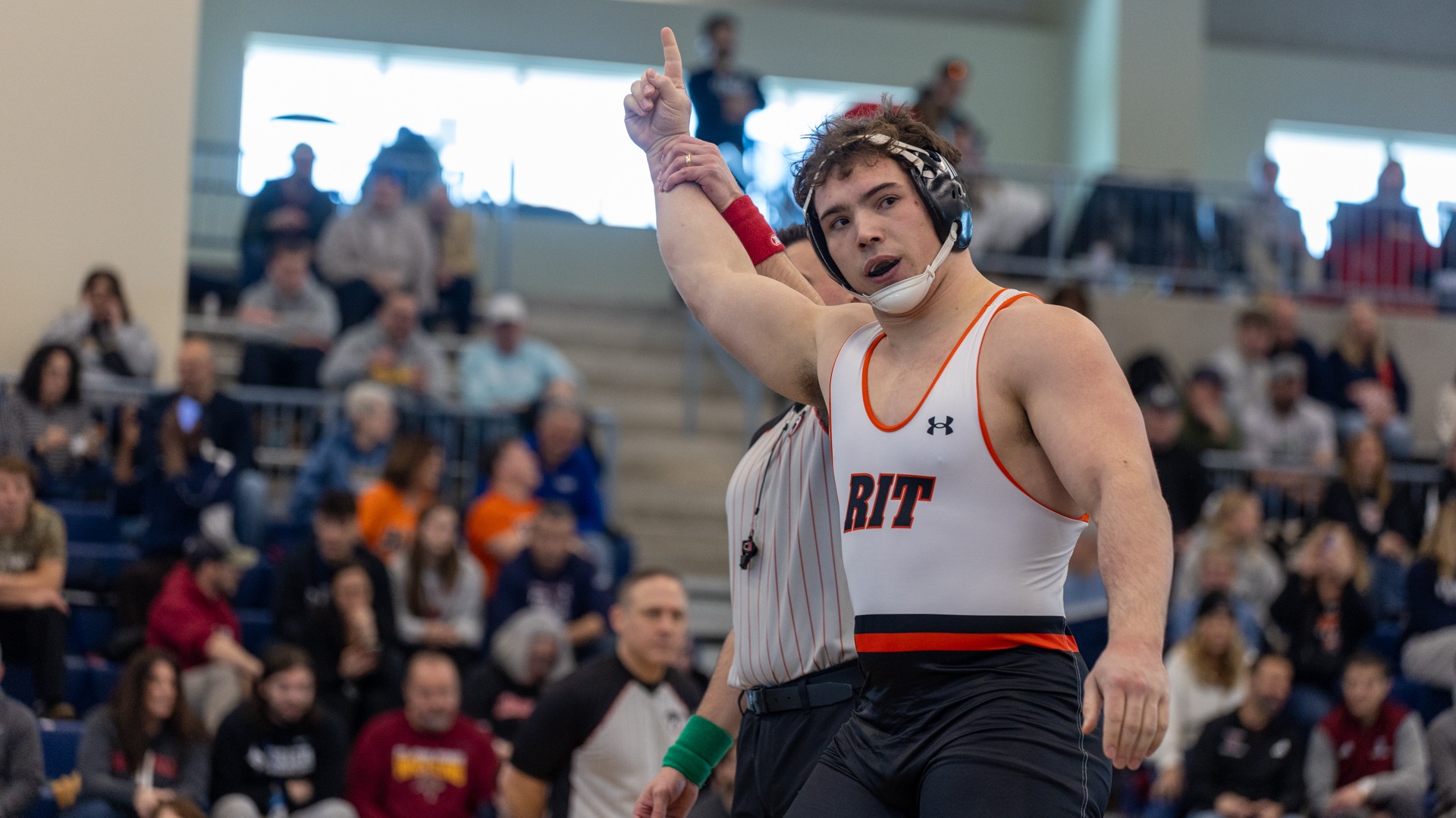 RIT’s Josh Harkless pins their opponent on Saturday, Feb. 28, 2026, at Glazer Arena. RIT Wrestling at NCAA Mideast Regional Championships. (Sophia Buonpane/RIT Sports Network