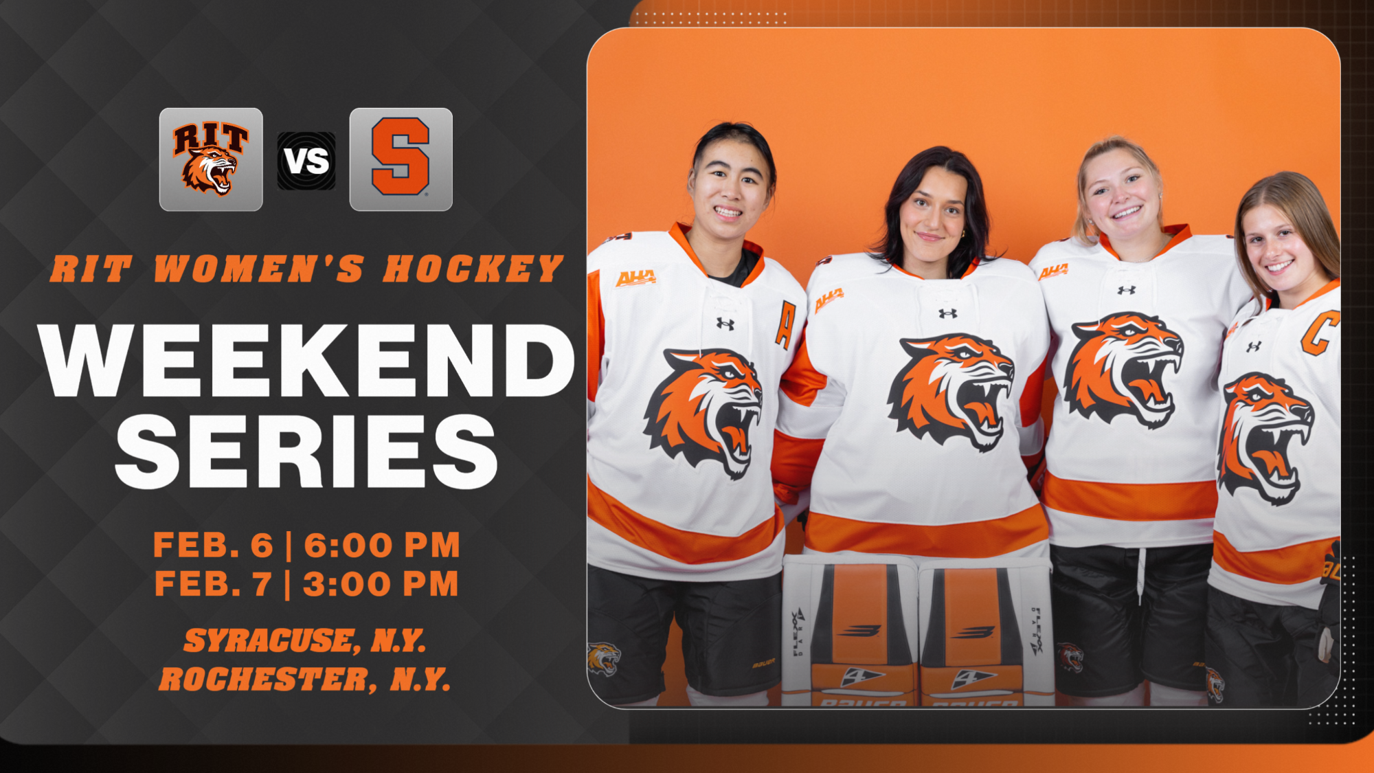 A graphic promoting women's hockey games against Syracuse with a posed shot of the four seniors