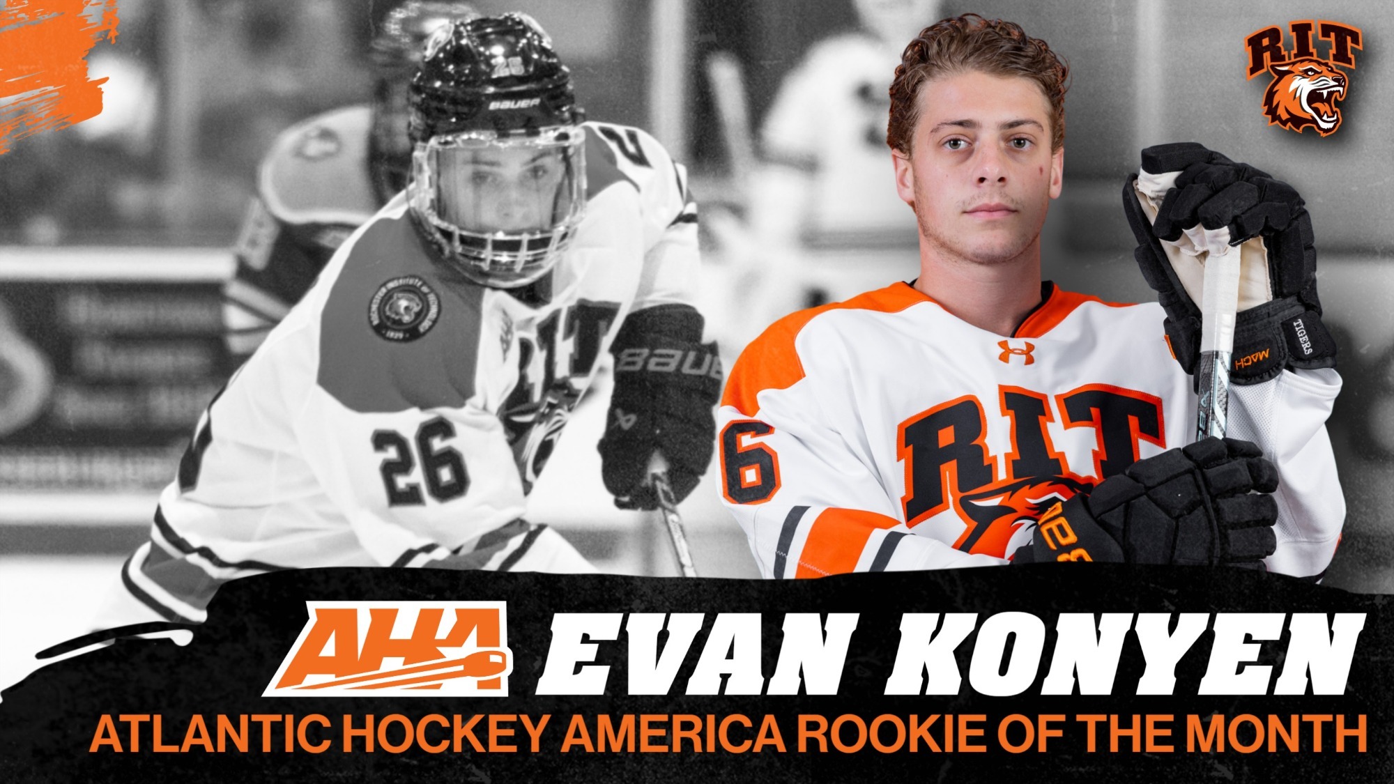 an Evan Konyen atlantic hockey rookie of the week graphic