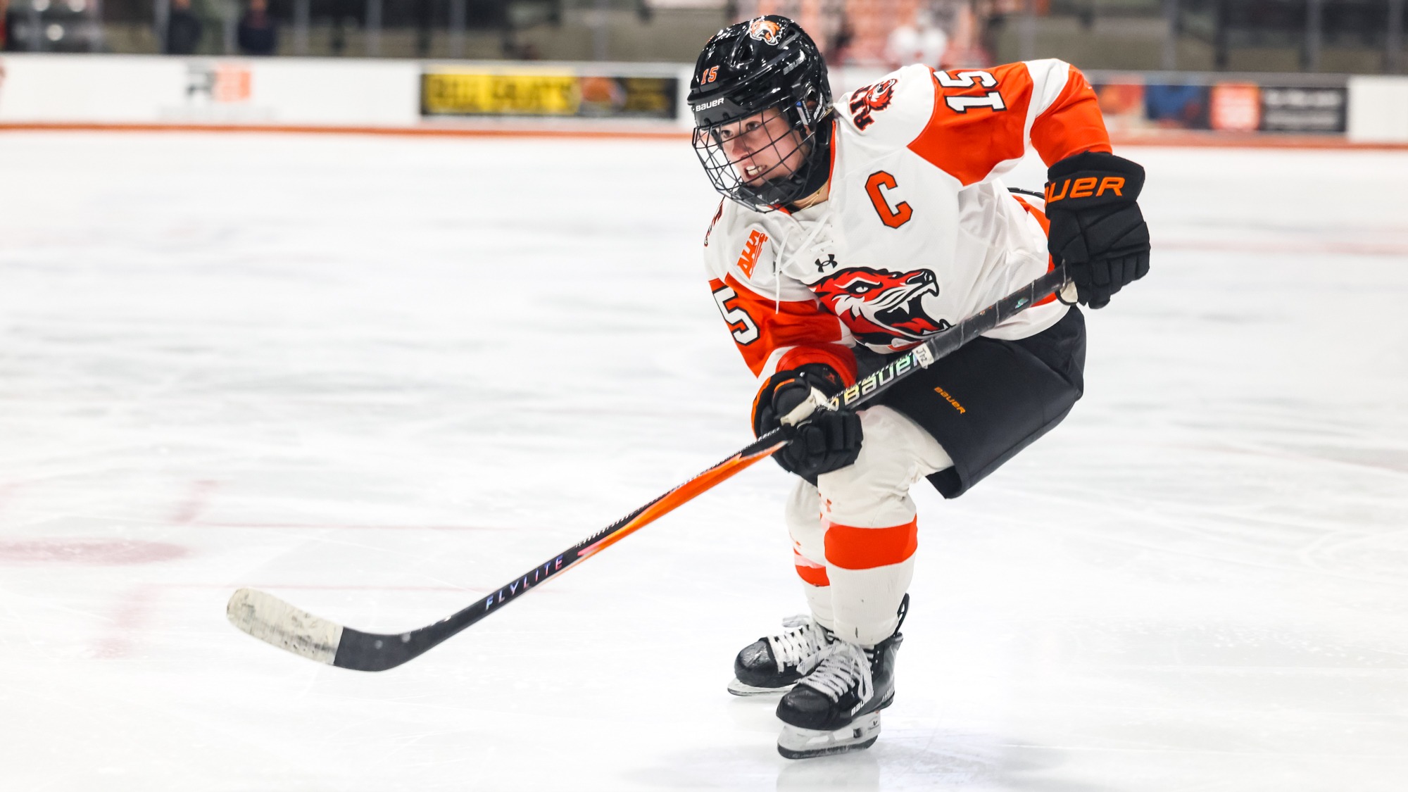 RIT's Jaidan Fahrny, #15, in game vs Syracuse on Friday, Oct. 24, 2025, at Gene Polisseni Center. RIT Women's Hockey game vs. Syracuse. (Mikaela Engstrom/RIT Sports Network).