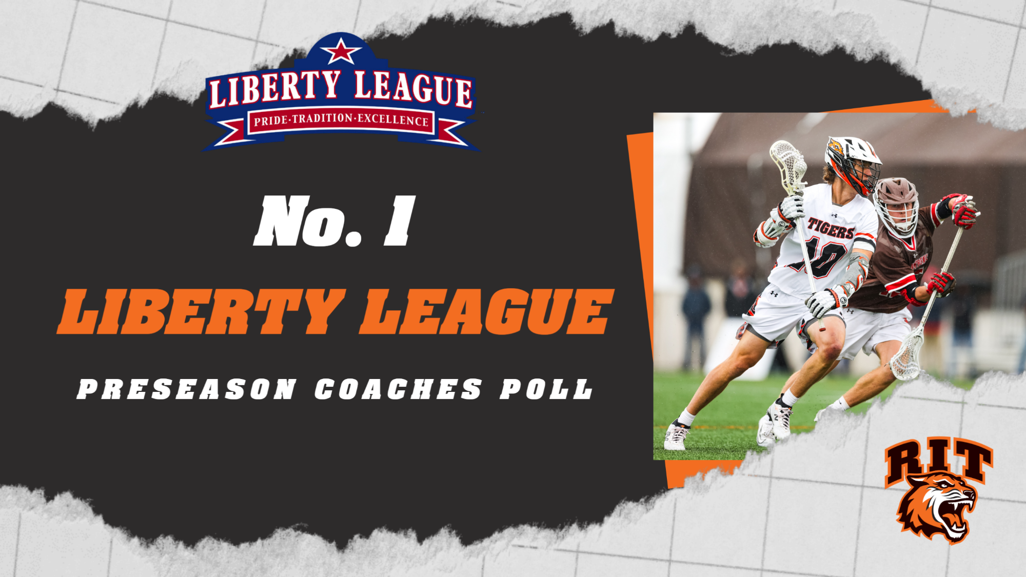 A graphic announcing Men's Lacrosse as the 2026 Preseason favorite with an action photo of David Charney