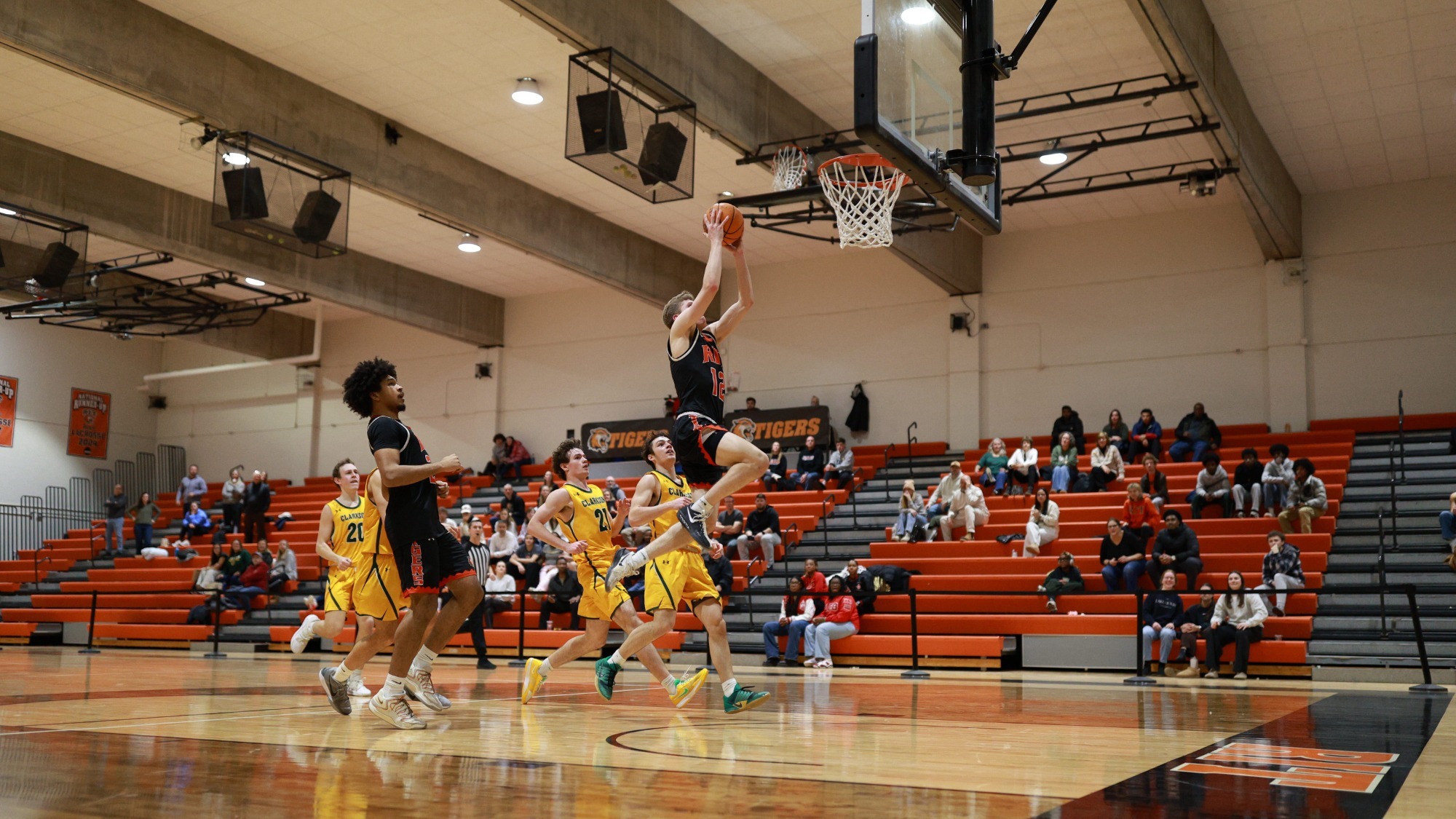 RIT's Brody Brown makes a lay up on Feb. 6, 2026, at Clark Gymnasium in Rochester, N.Y. as Clarkson defeats RIT Men’s Basketball 80-71. 