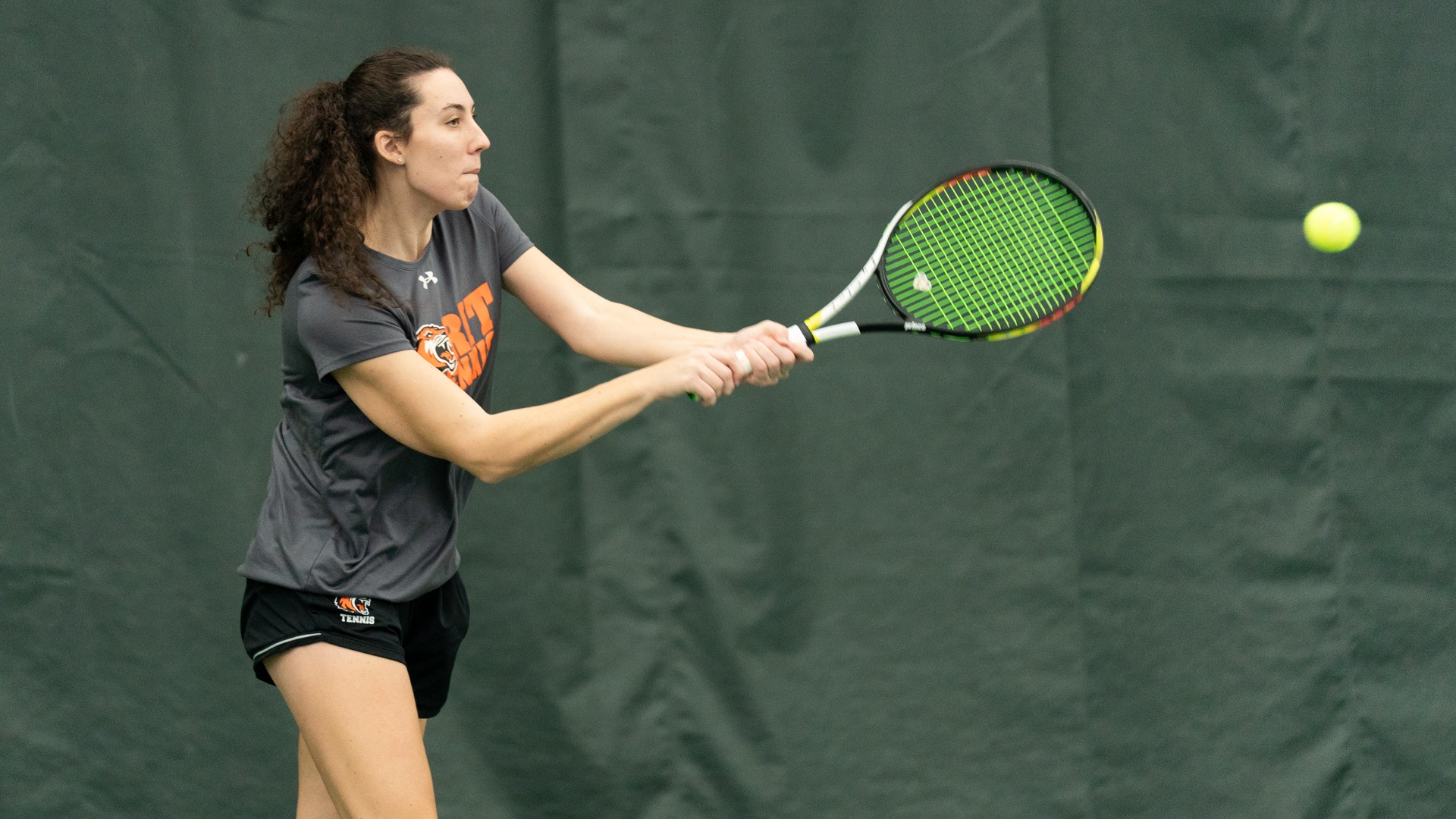 RIT’s, Anika Galkiewicz hits a ball on February 8th, 2026, at Midtown Athletics Club  in Henrietta, New York. RIT Women’s Tennis plays Oneonta. (Colin Norland/RIT Sports Network).