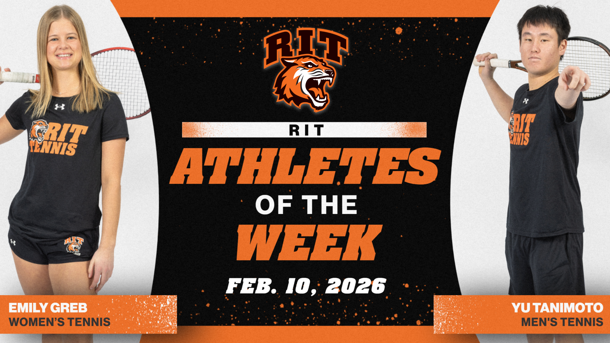 A graphic announcing RIT's Athletes of the Week for Feb. 10 with posed shots of Emily Greb and Yu Tanimoto