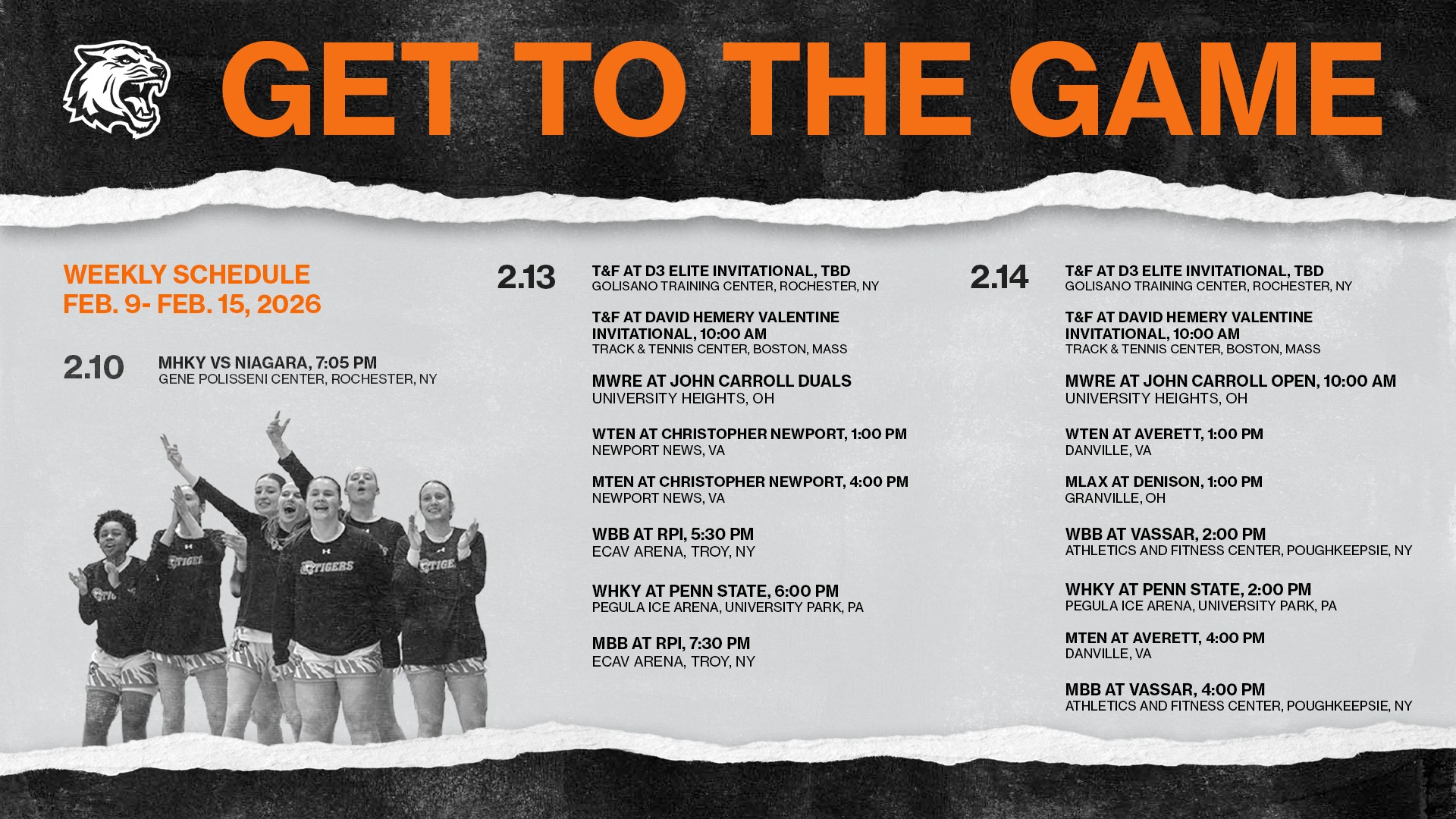 Upcoming schedule for Rochester Institute of Technology athletics for the week of February 9 through 15, 2026