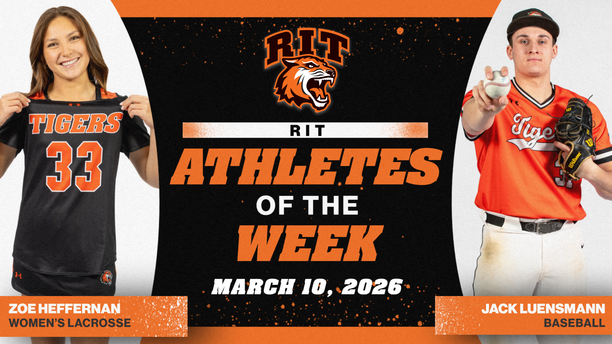 A graphic announcing RIT's athletes of the week with posed shots of Zoe Heffernan and Jack Luensmann