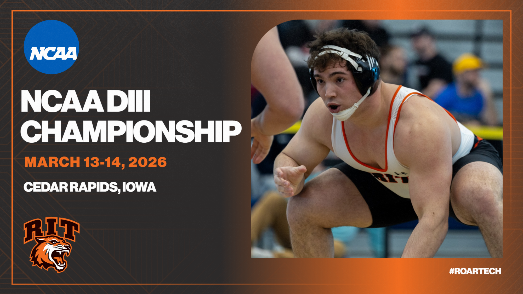 A graphic promoting the 2026 NCAA Div. III Wrestling Championships with an action shot of Josh Harkless