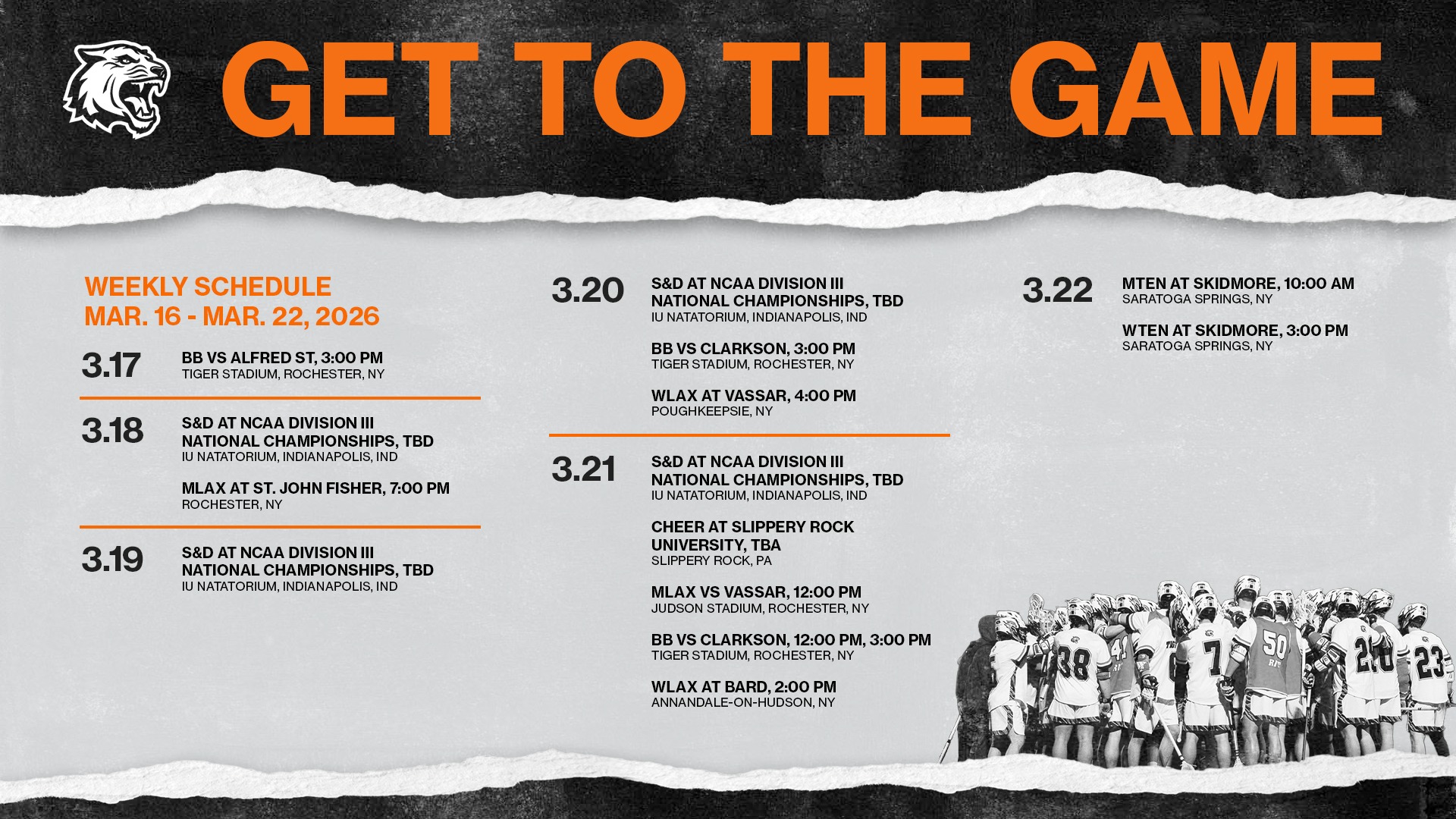 RIT athletics schedule for the week of March 16 through 22, 2026