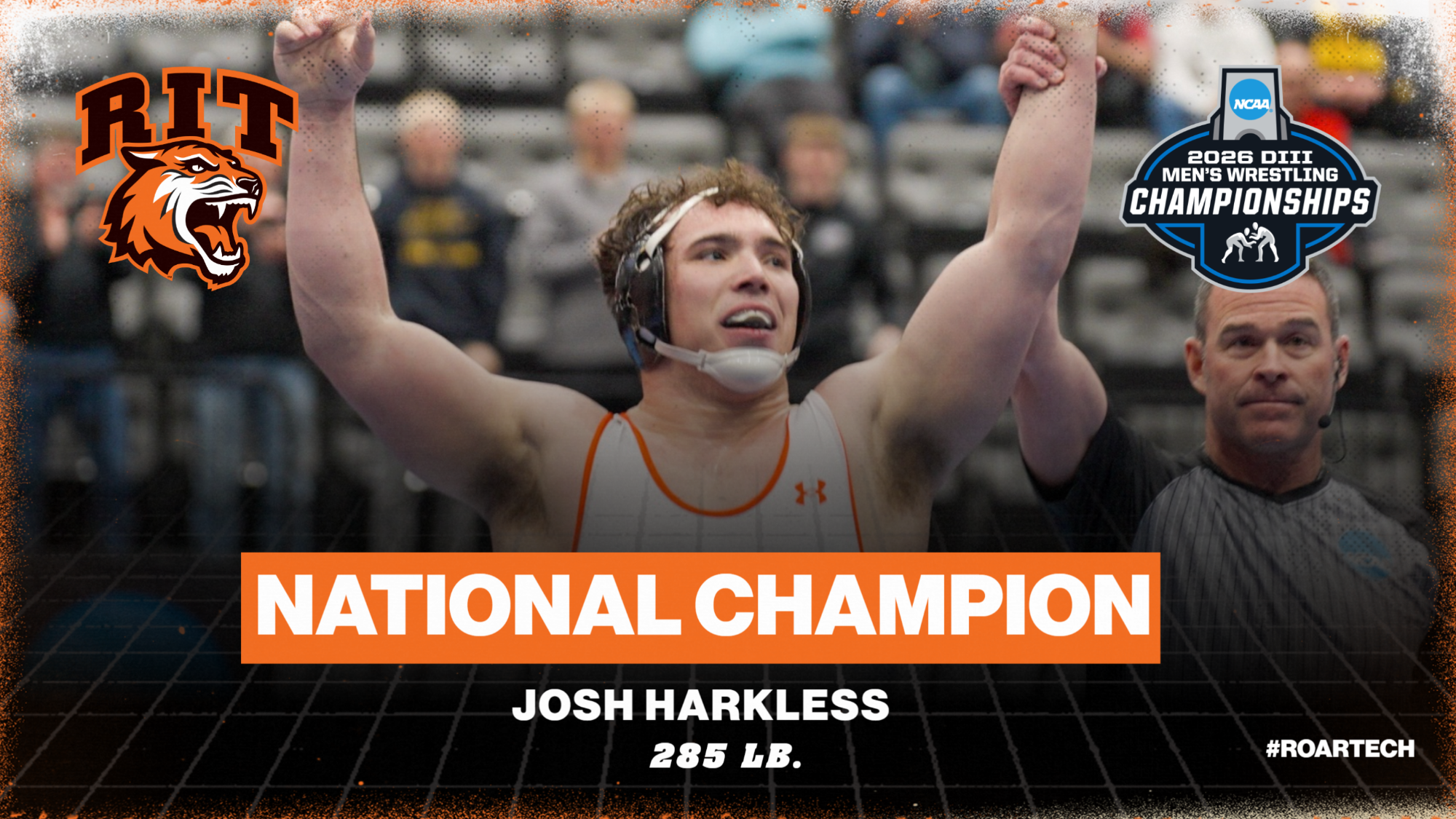 A graphic celebrating Josh Harkless winning the 285 lb. National Championship with a photo of Josh after winning the title