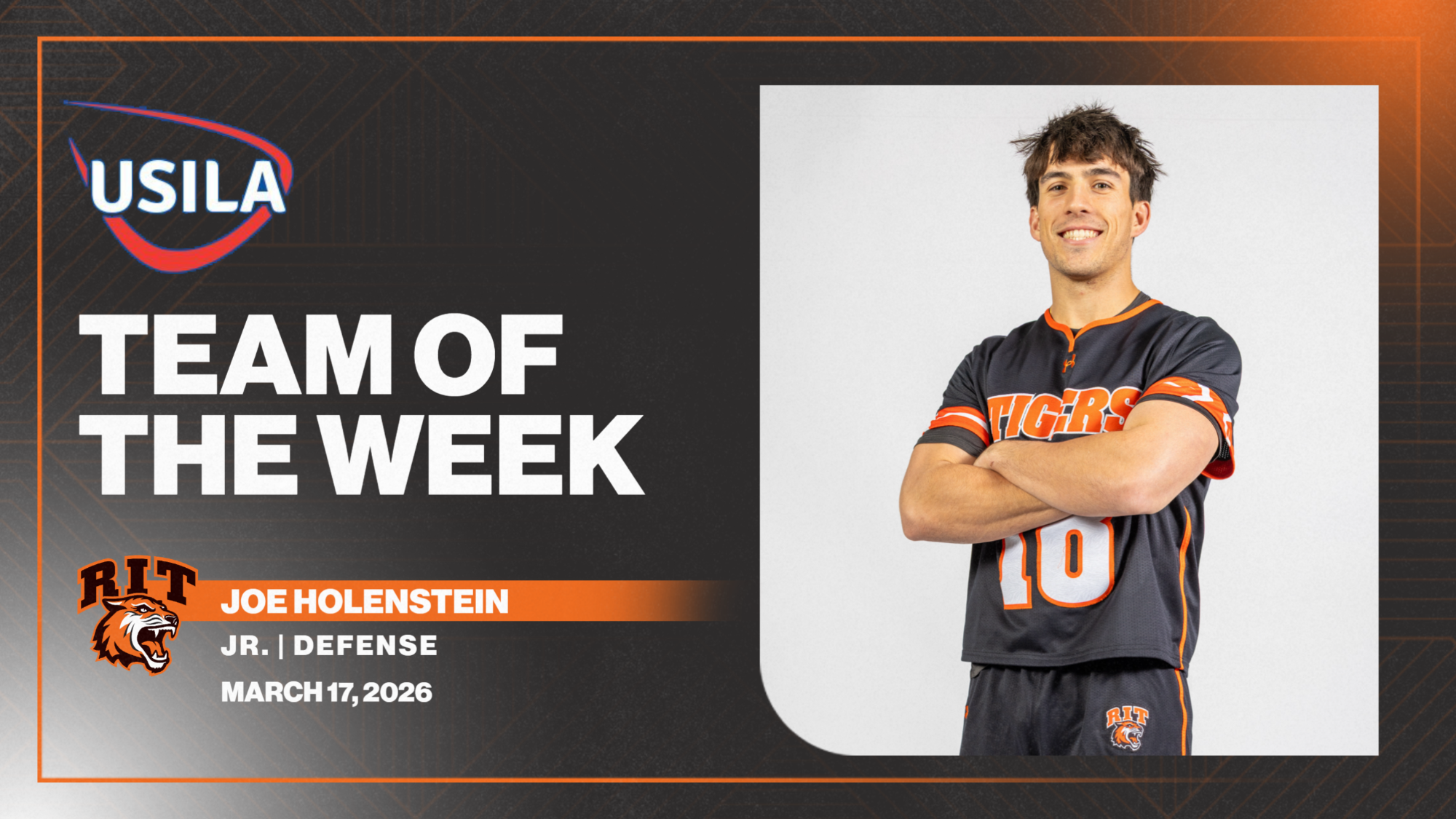 A graphic announcing a lacrosse player being named to the USILA Team of the Week with a posed shot of Joe Holenstein
