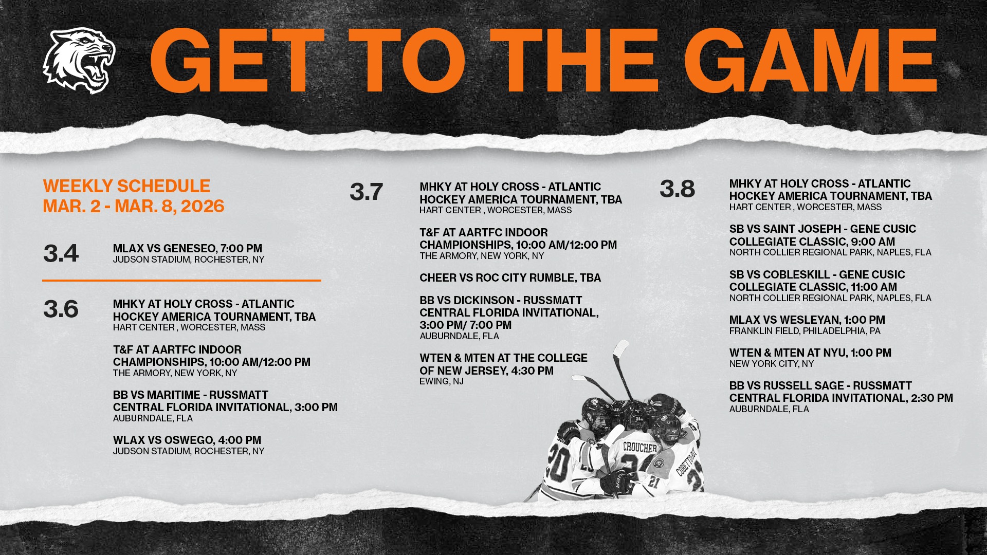 RIT athletics schedule for the week of March 2 through March 8, 2026