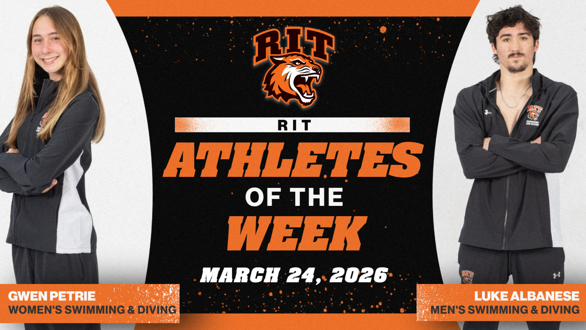 A graphic announcing RIT AOTW on March 24 with posed shots of Gwen Petrie and Luke Albanese