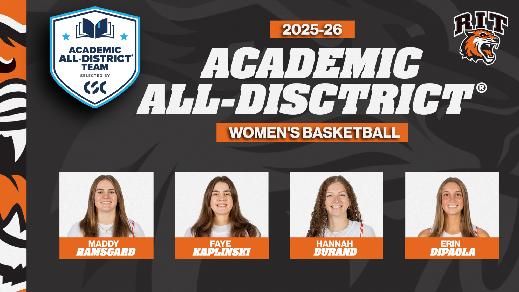 Four RIT women's basketball players are named College Sports Communicators Academic All-District WBB 2025-26