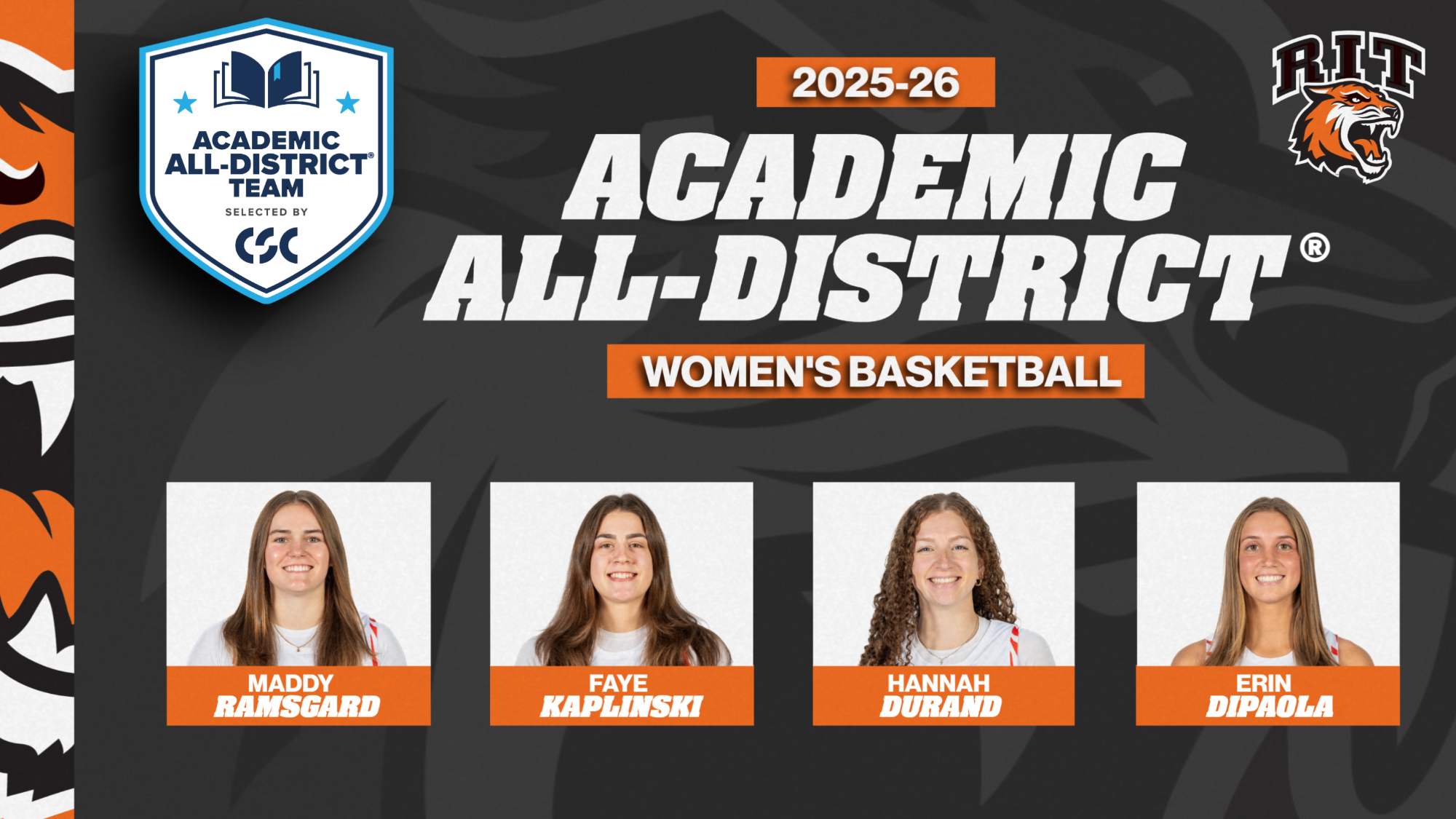 Four RIT women's basketball players are named College Sports Communicators Academic All-District WBB 2025-26