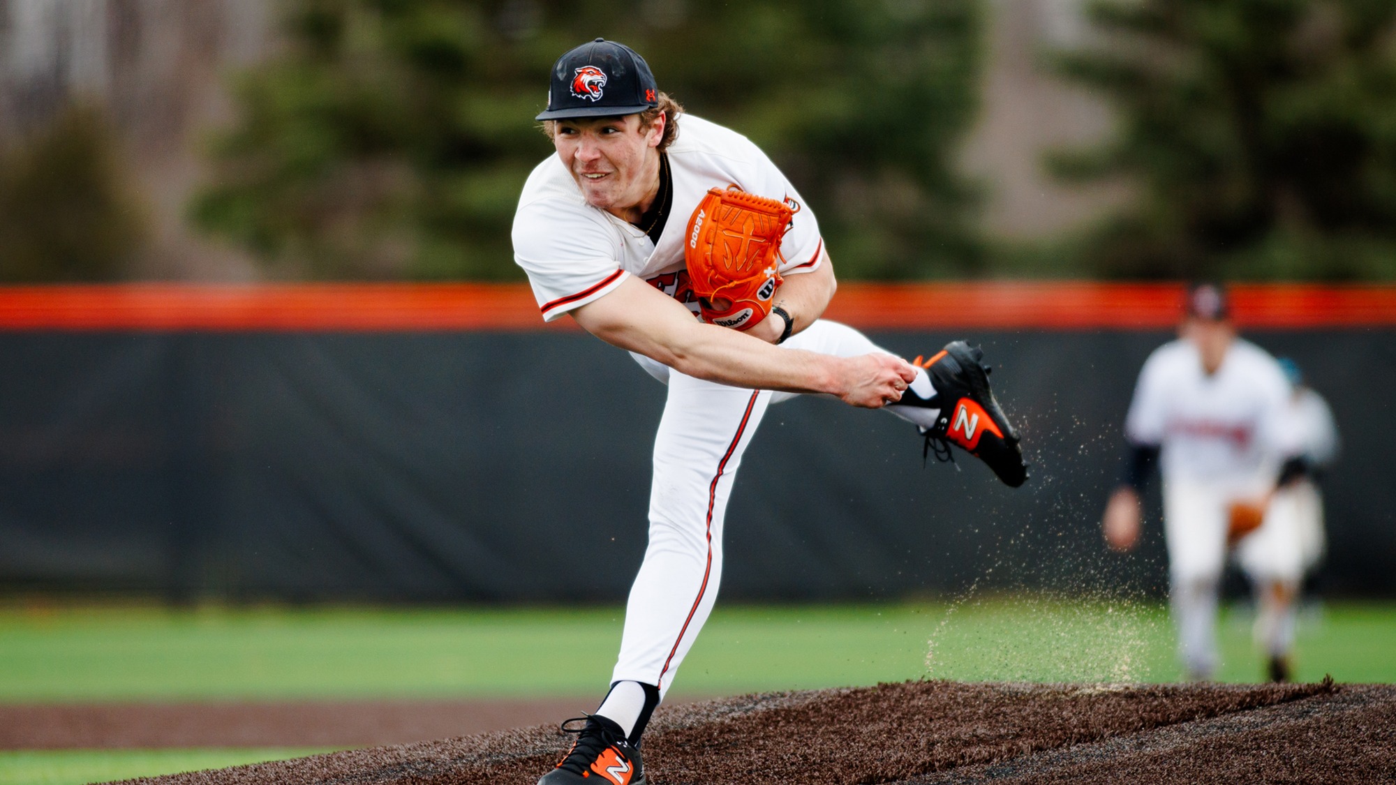 RIT’s Owen Fisher, #30, pitches on Mar. 21, 2026, at Tiger Stadium in Rochester, N.Y. Clarkson Baseball defeats RIT Baseball 10-7. RIT Baseball vs Clarkson. (Sawyer Emery/RIT Sports Network).