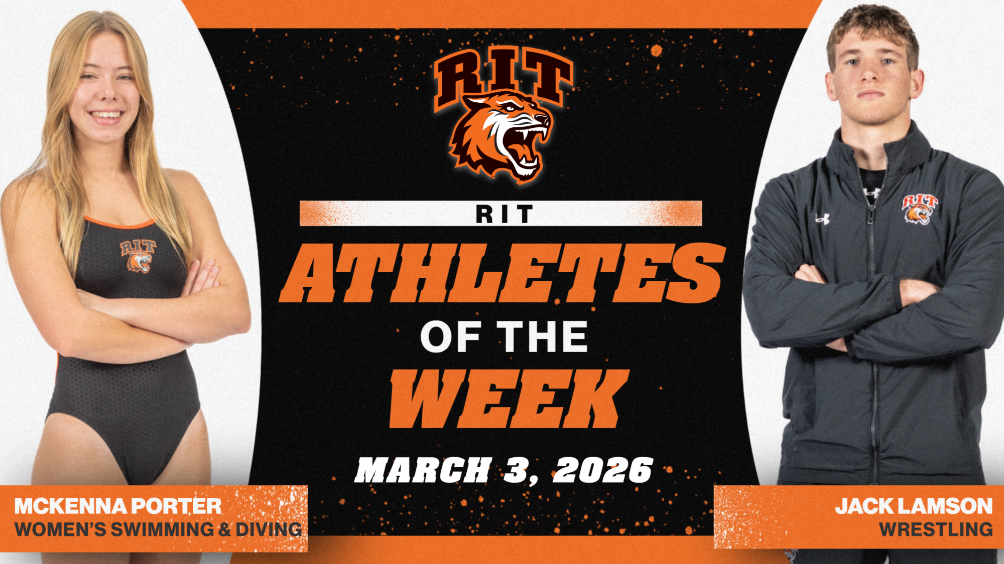 A graphic announcing RIT's Athletes of the Week with posed shots of McKenna Porter and Jack Lamson