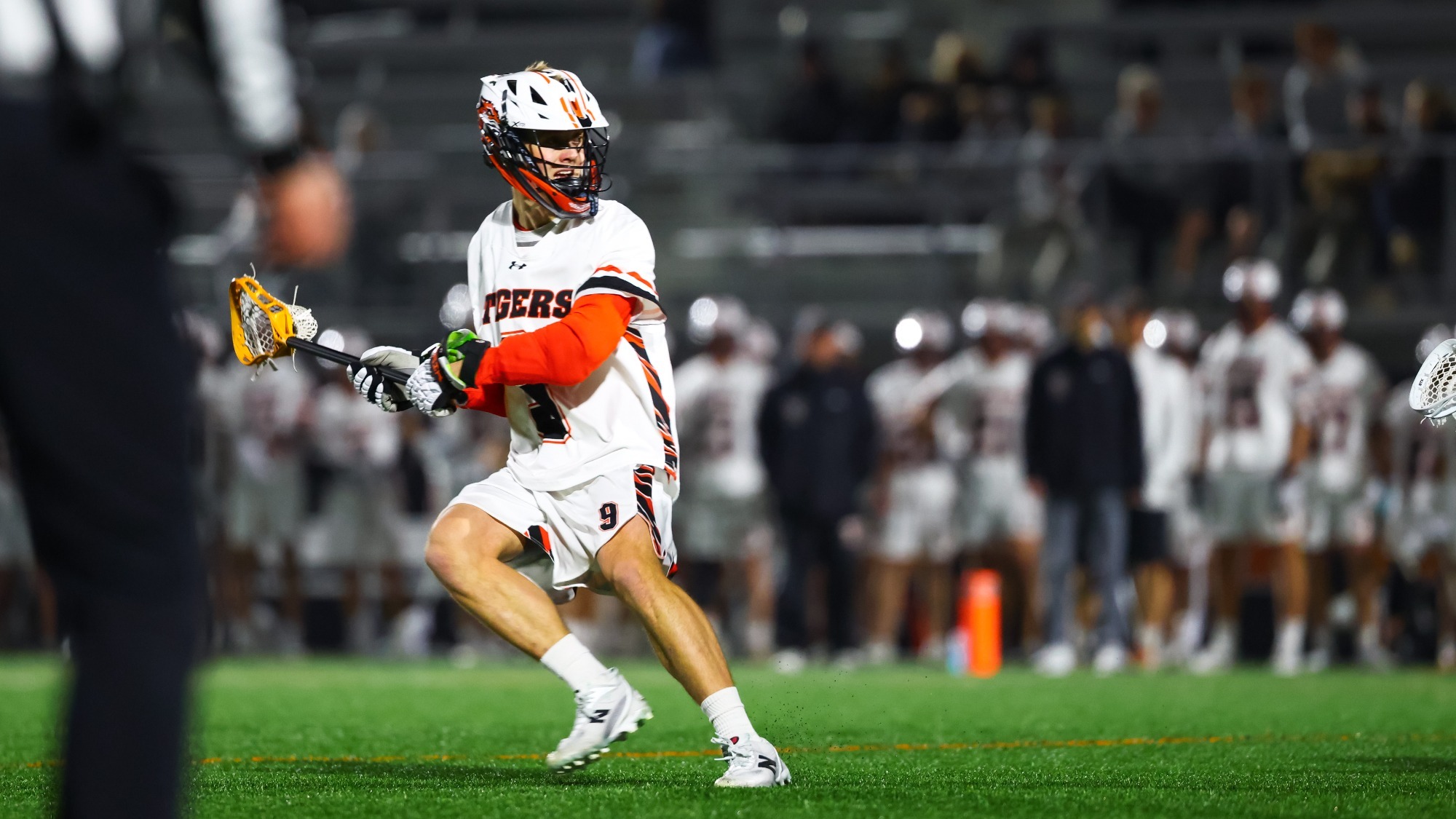 RIT's Erich Acton, #9, in game vs Geneseo on Wednesday, March 4, 2026, at Judson Stadium. RIT Men's Lacrosse game vs SUNY Geneseo. (Mikaela Engstrom/RIT Sports Network).